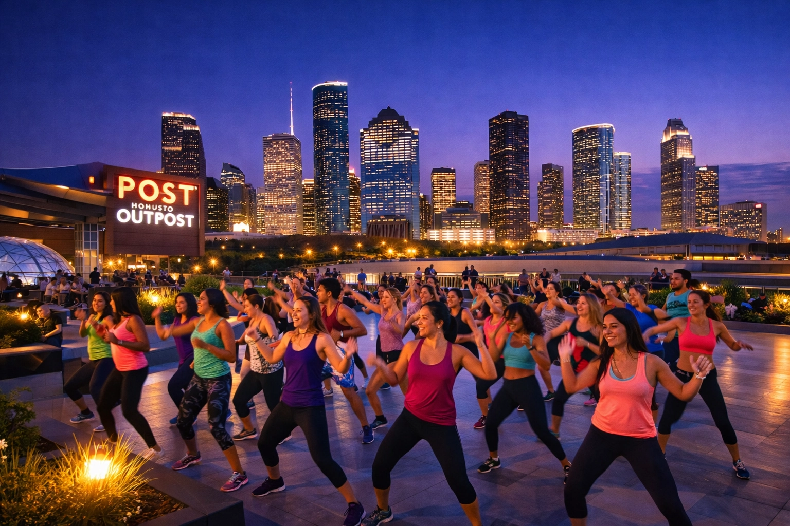 Group fitness class at Post Houston's Outpost rooftop park with the city skyline at night.