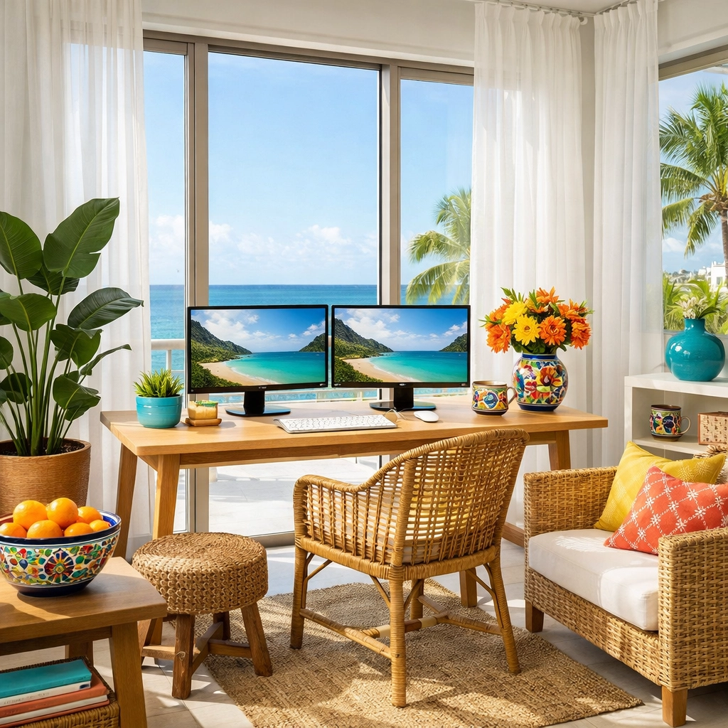 Modern rental property workspace in Puerto Vallarta with natural light and ocean views