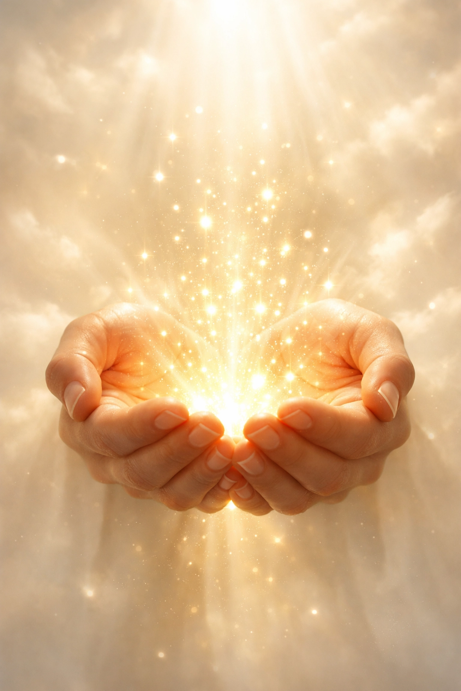 Glowing hands representing God's grace, divine healing, and the power of the Holy Spirit