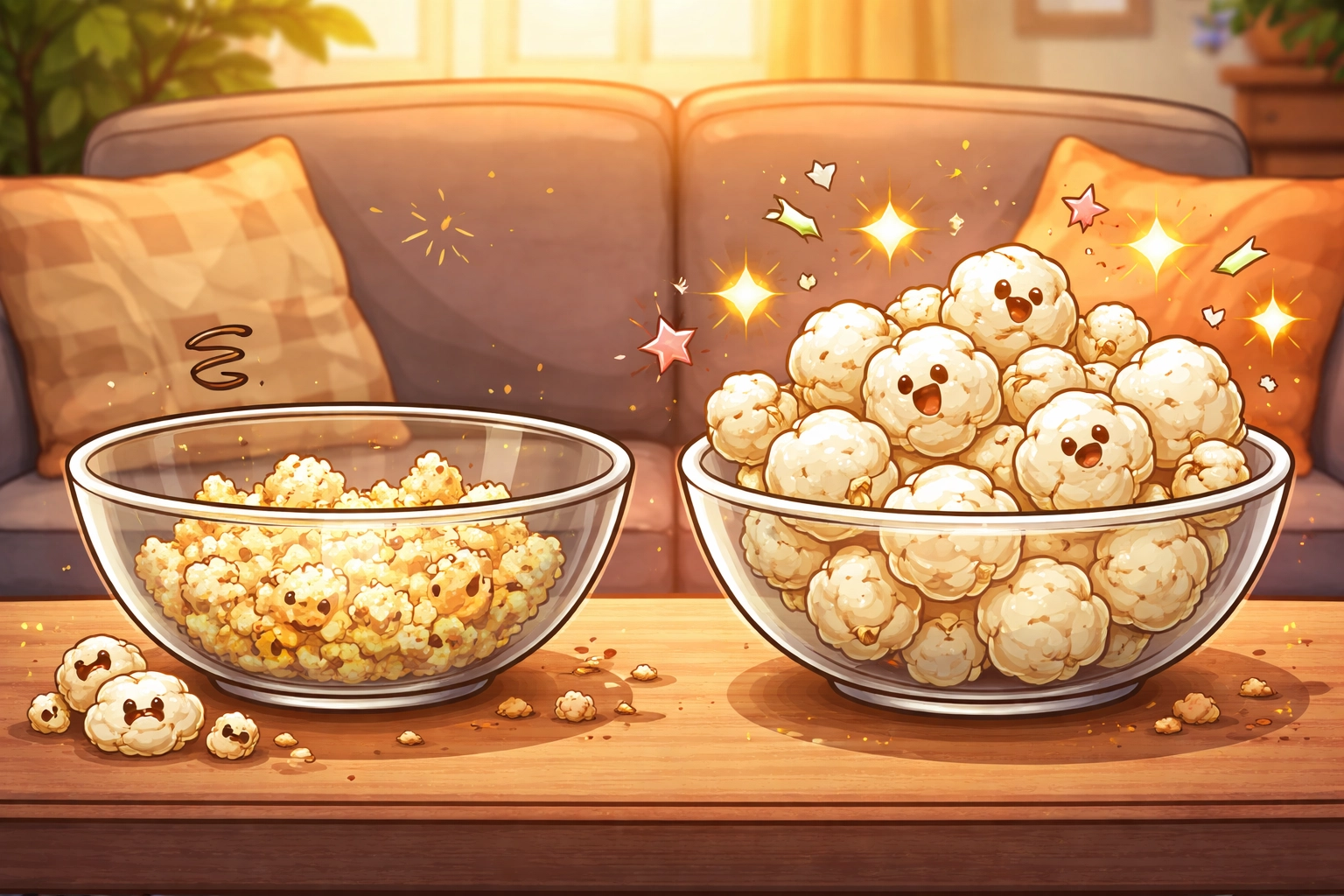 Two bowls on a couch: one with broken popcorn crumbs, one with whole mushroom popcorn, showing Munchies' superior crunch and durability
