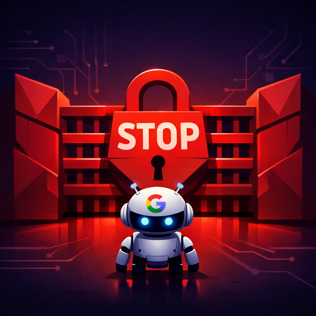Google crawler robot blocked by barrier representing website access restrictions