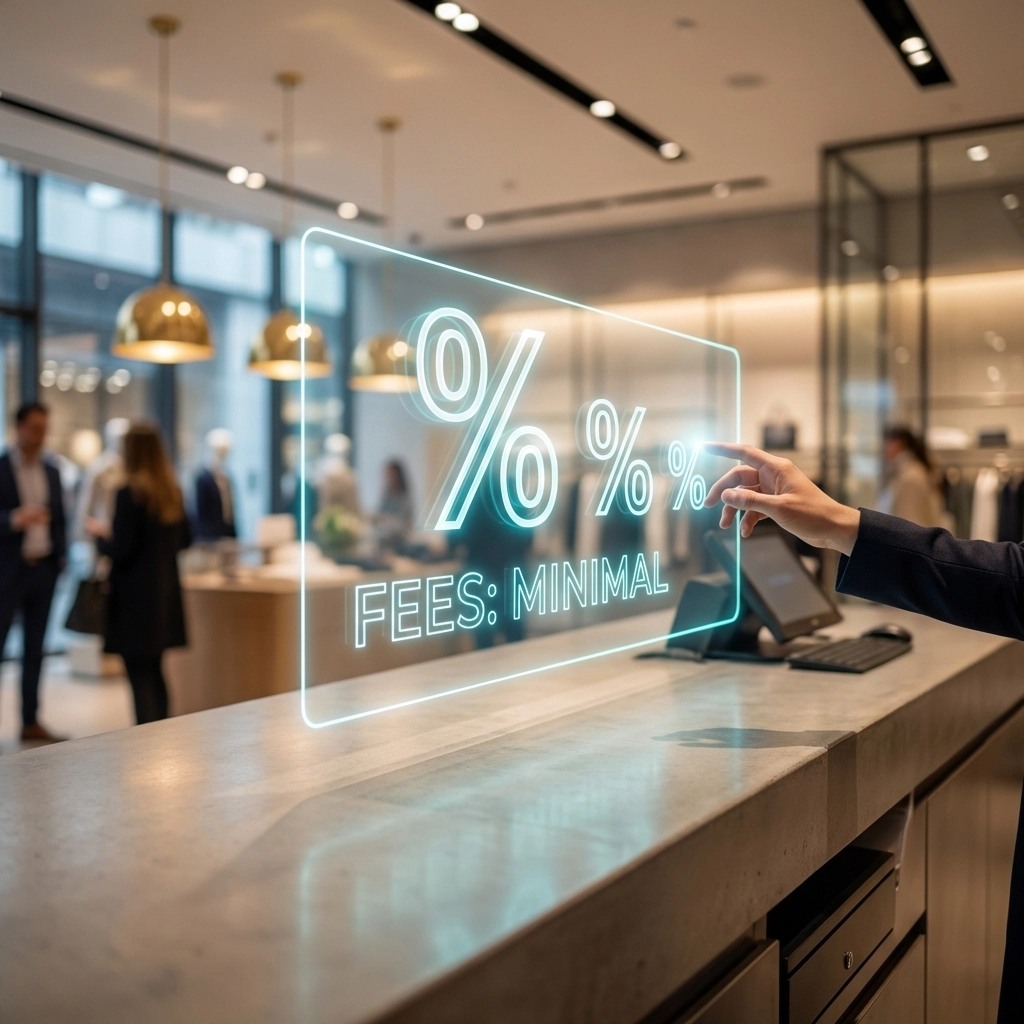 Modern retail checkout showing a merchant using a futuristic crypto payment interface with low fees