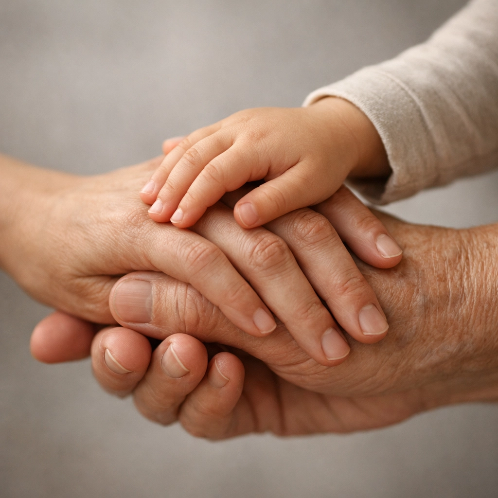 Three generations holding hands showing family legacy and estate planning continuity