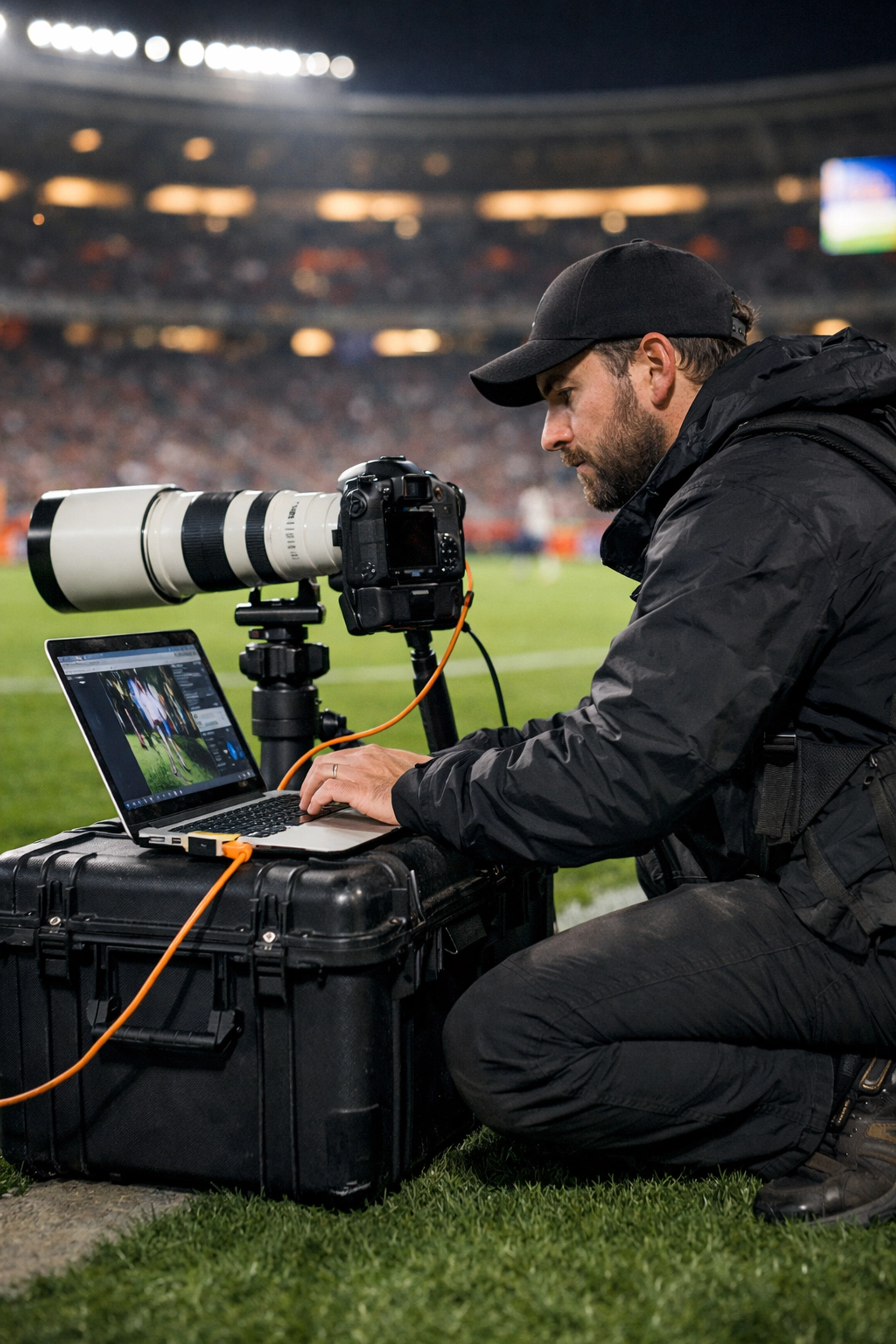 Sports photographer using a laptop for instant image delivery on a stadium sideline.