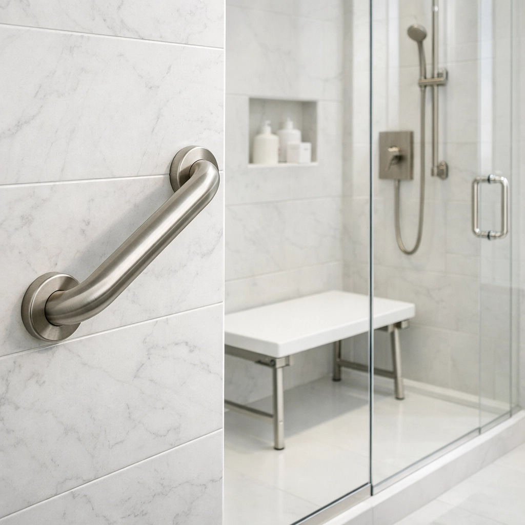 Sleek grab bar and shower bench installed in a modern bathroom for senior safety.