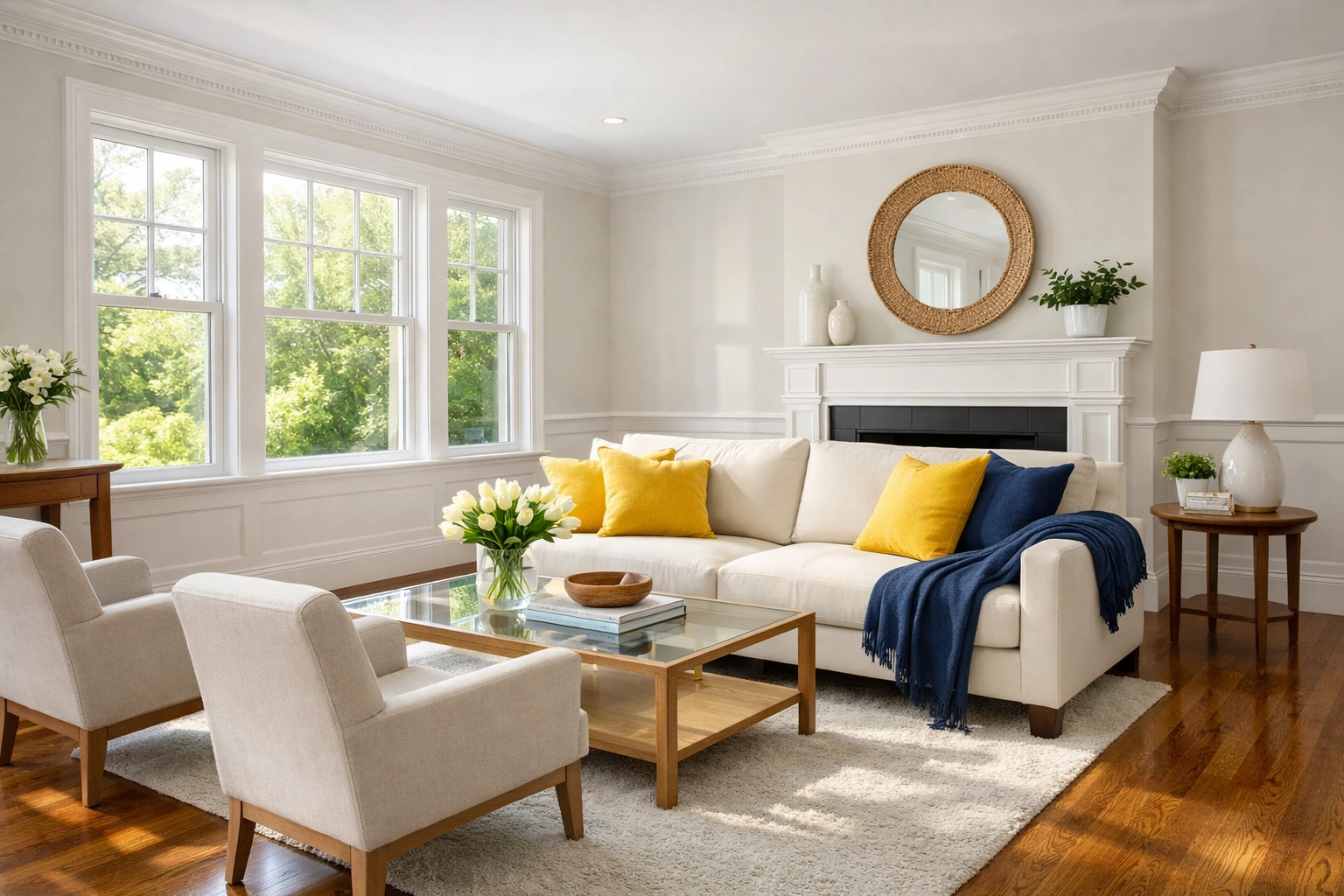 Impeccably clean Massachusetts living room showing the results of professional house cleaning services MA for allergy relief.