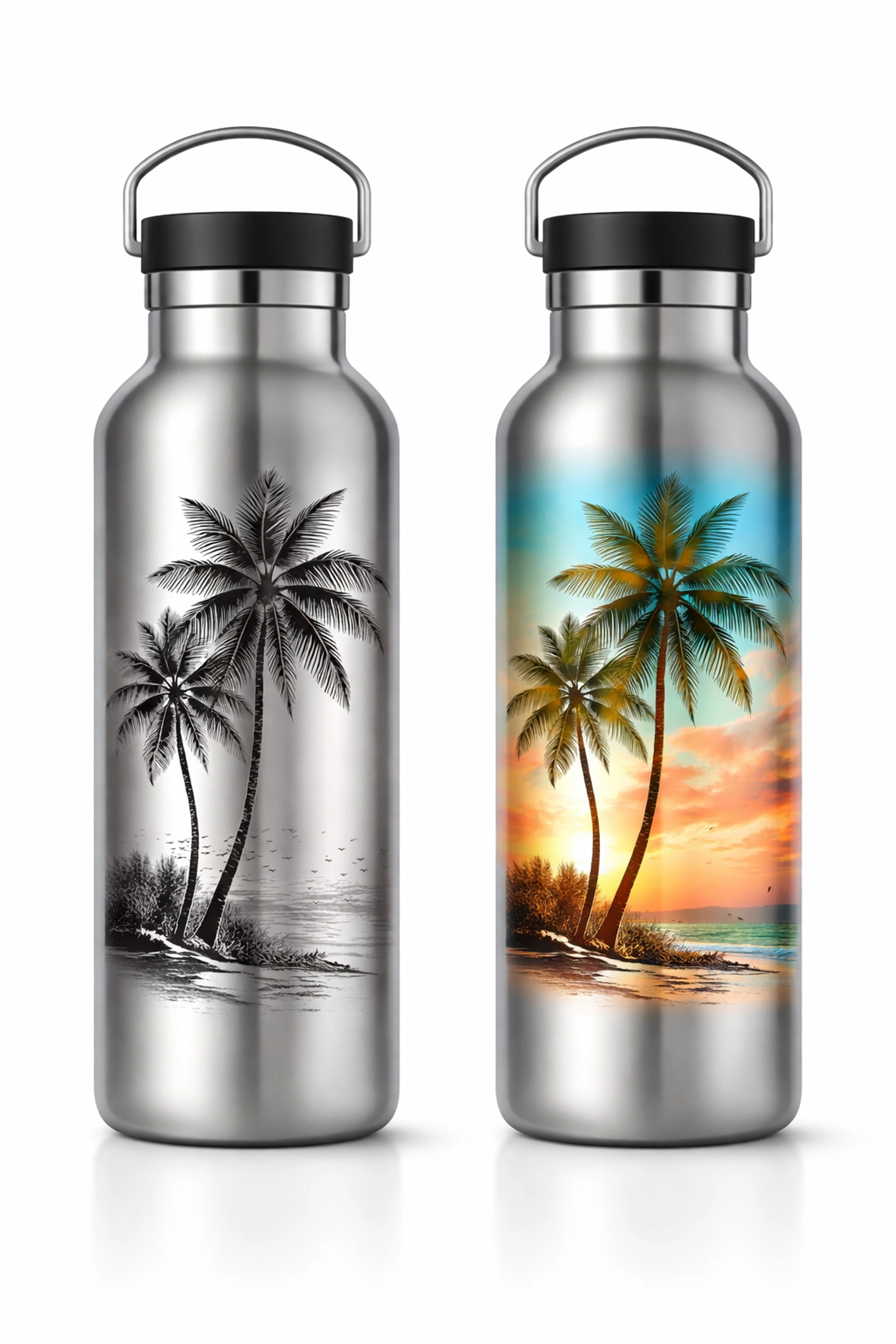 Side-by-side water bottles showing laser engraving and UV printed designs for branded items in Kona.