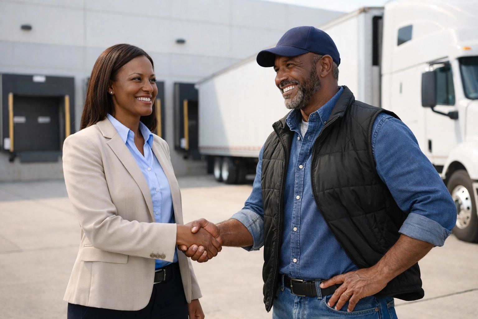 Freight broker and truck driver shaking hands at loading dock building professional relationship