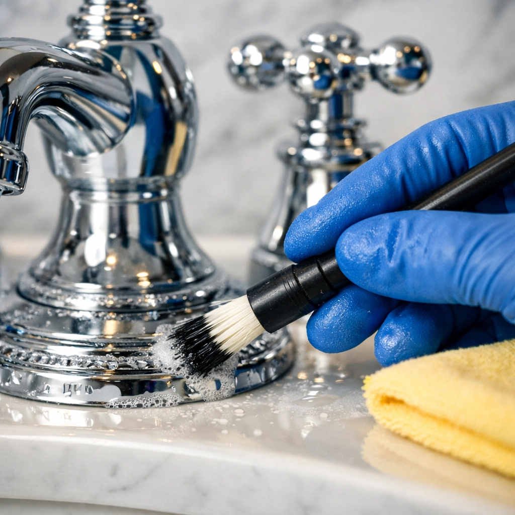 Detailing a chrome faucet with a specialized brush for Deep Cleaning Wellesley MA to remove hidden grime.