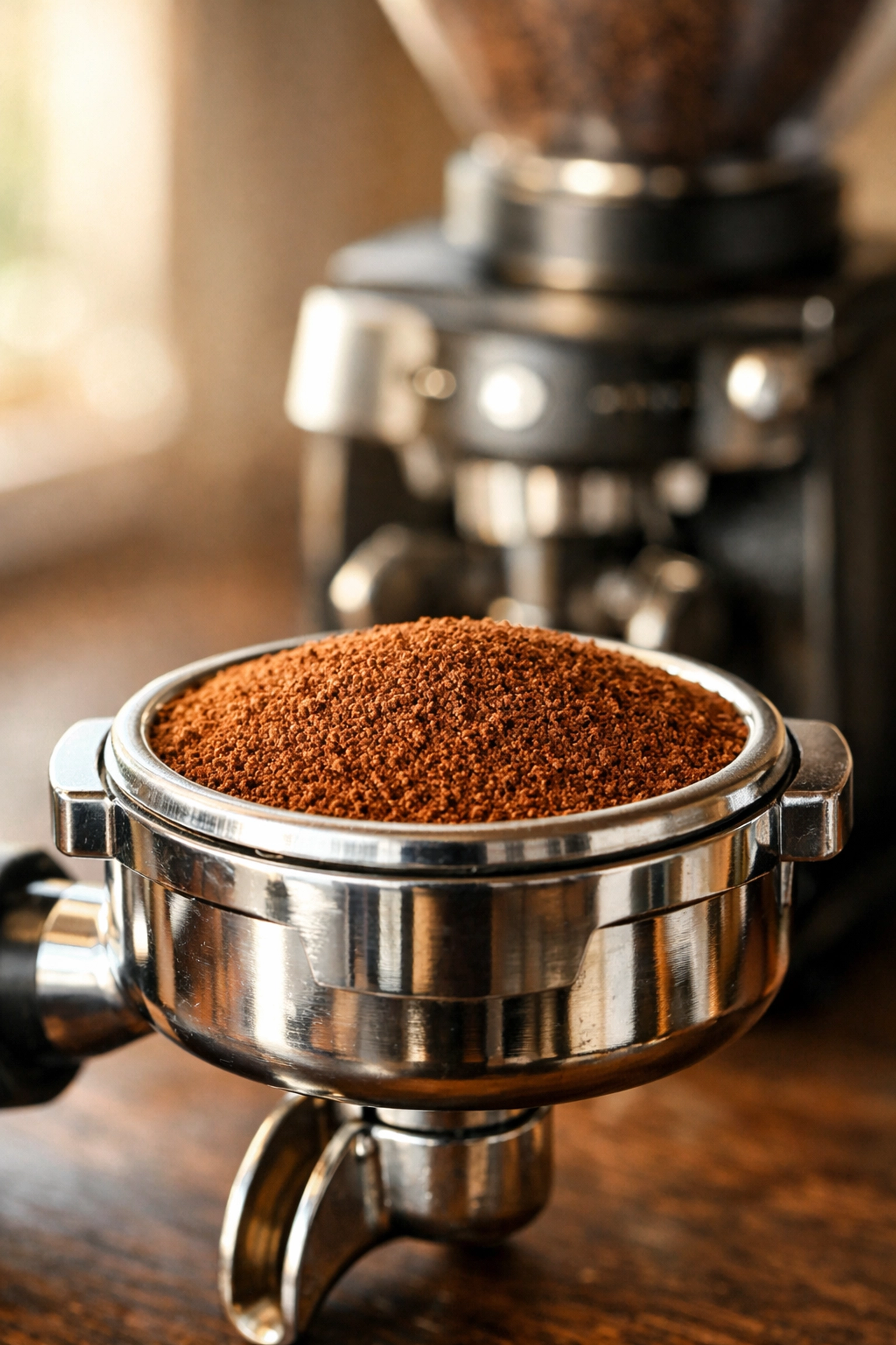 Freshly ground specialty coffee leveled in a chrome portafilter, showing precision grinding for espresso.