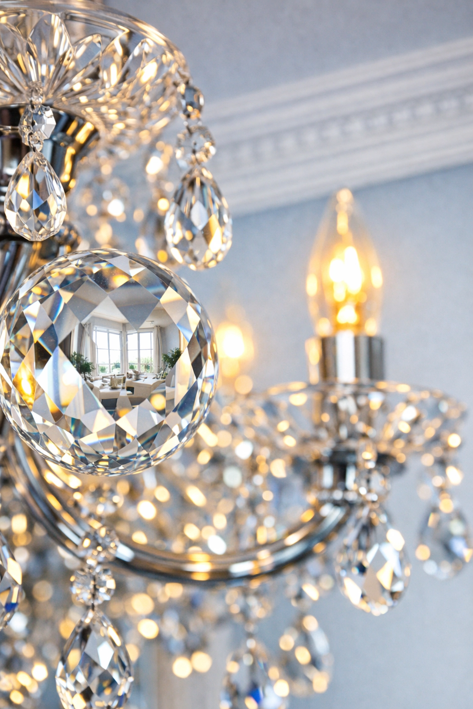 A sparkling crystal chandelier and clean crown molding from professional residential cleaning Massachusetts in Dover.