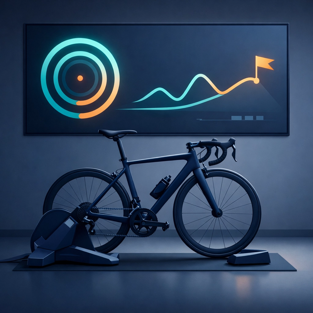 A minimalist indoor cycling smart trainer setup with a digital dashboard for tracking performance.