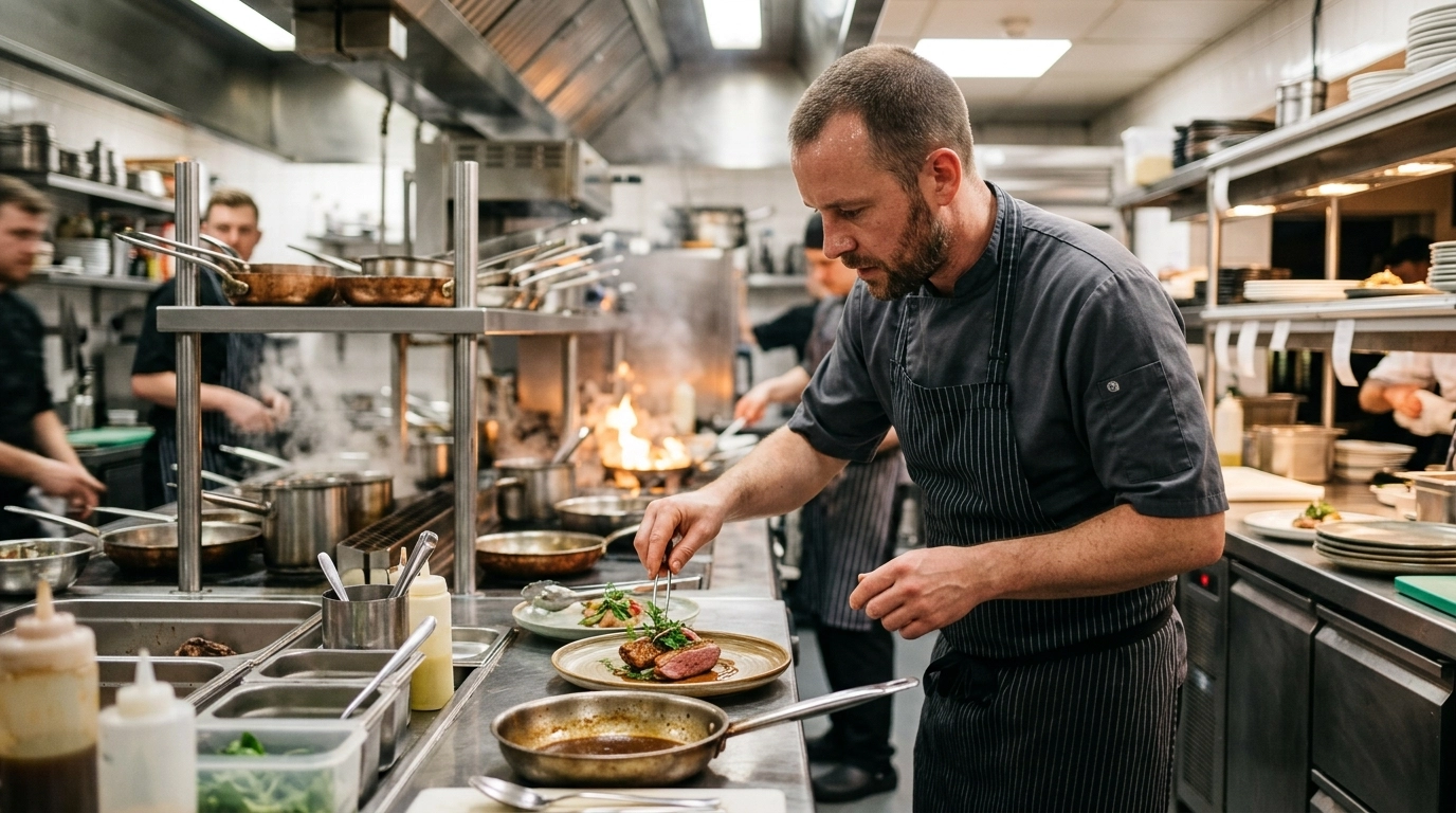 Professional chef working in a high-energy commercial kitchen