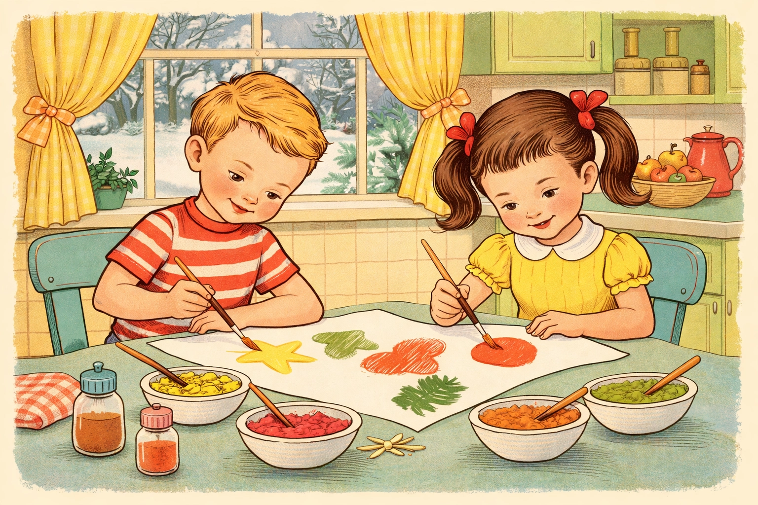 Two children joyfully painting at a table with homemade spice paints during a snowy day activity.