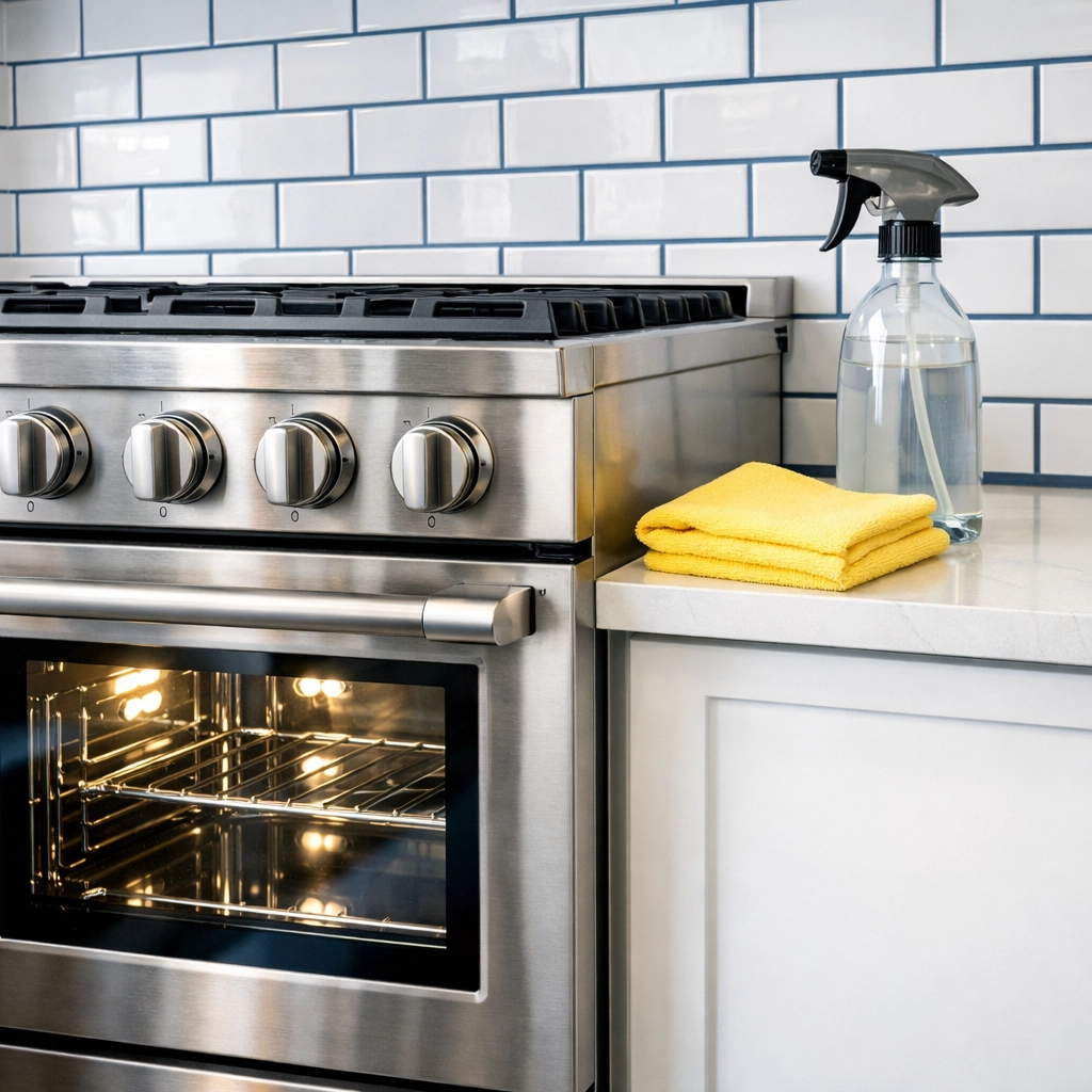 A professionally cleaned stainless steel oven and stovetop ready for a Massachusetts move-out inspection.