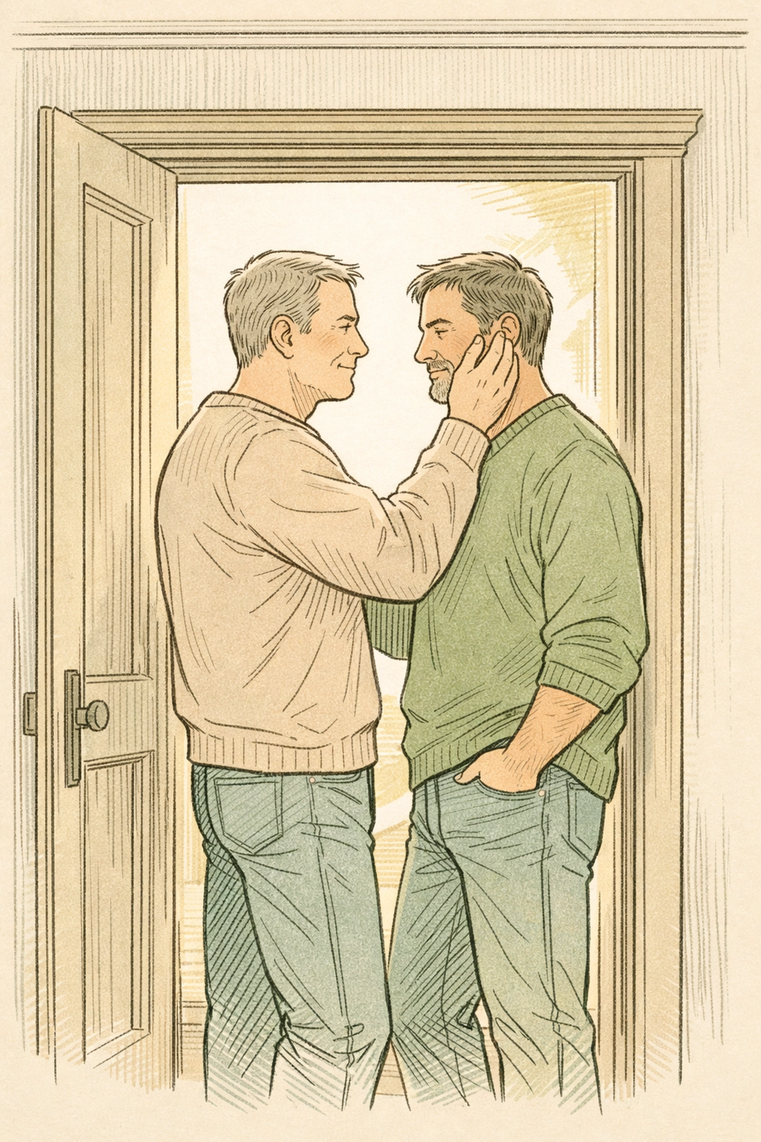 Tender moment between two men in morning light - mature gay romance and emotional intimacy