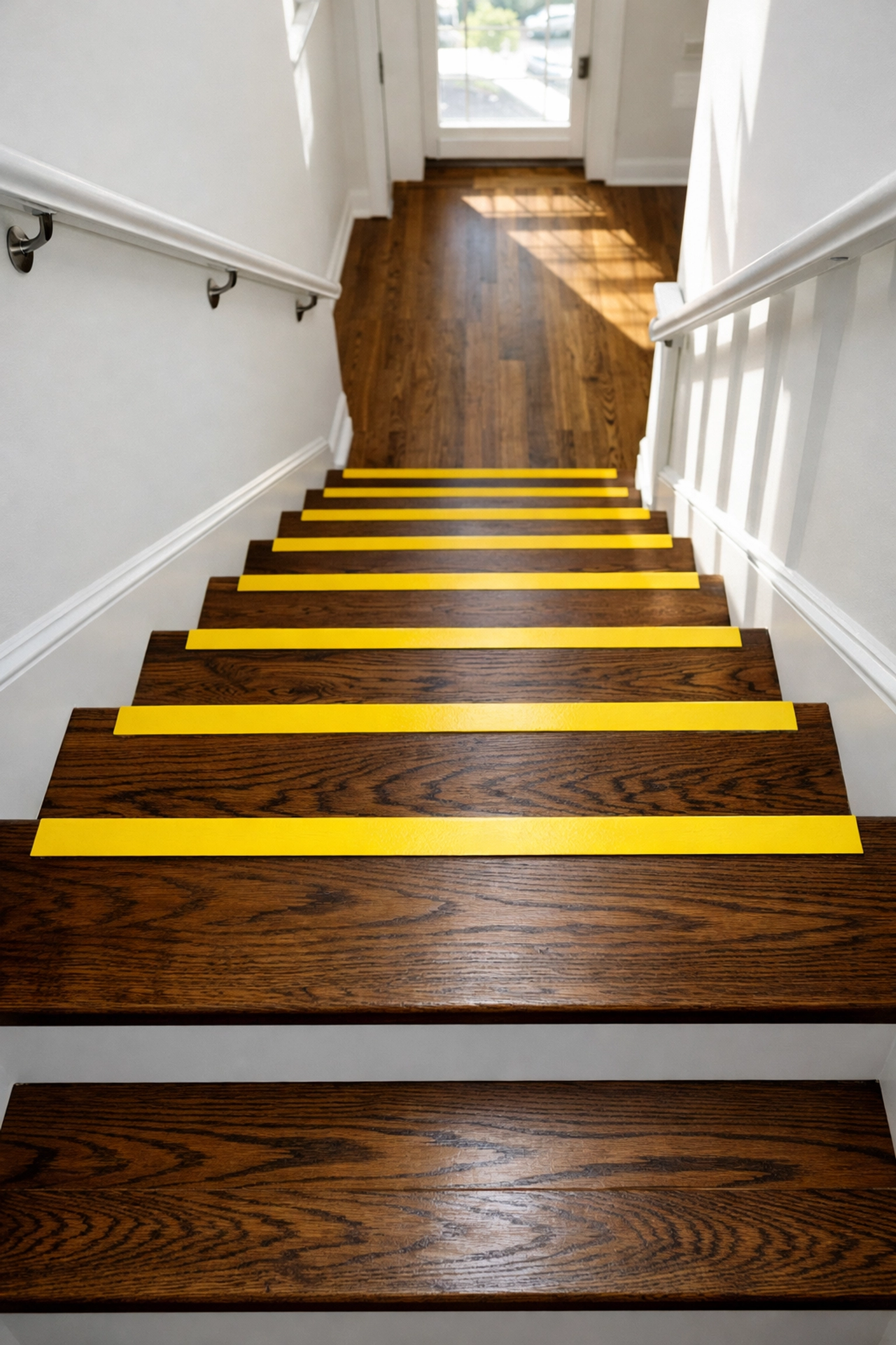 High contrast staircase with dark wood treads and white risers to improve visibility for safer descent.