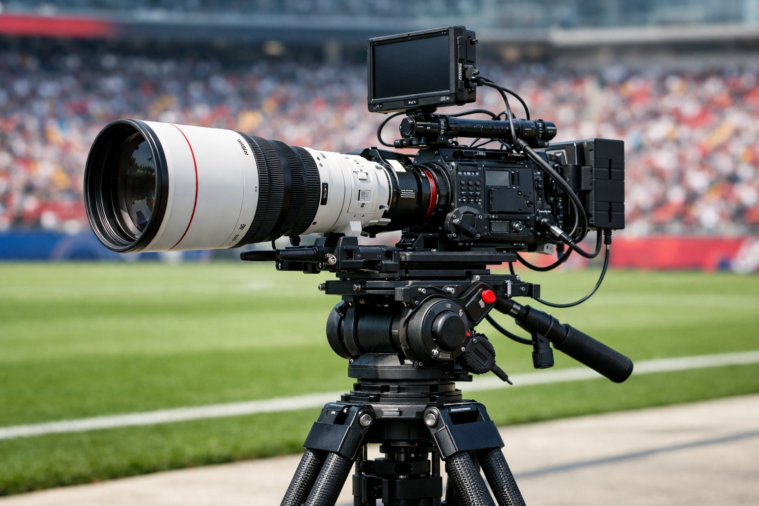 Professional cinema camera rig with long telephoto lens for high-end videography news.