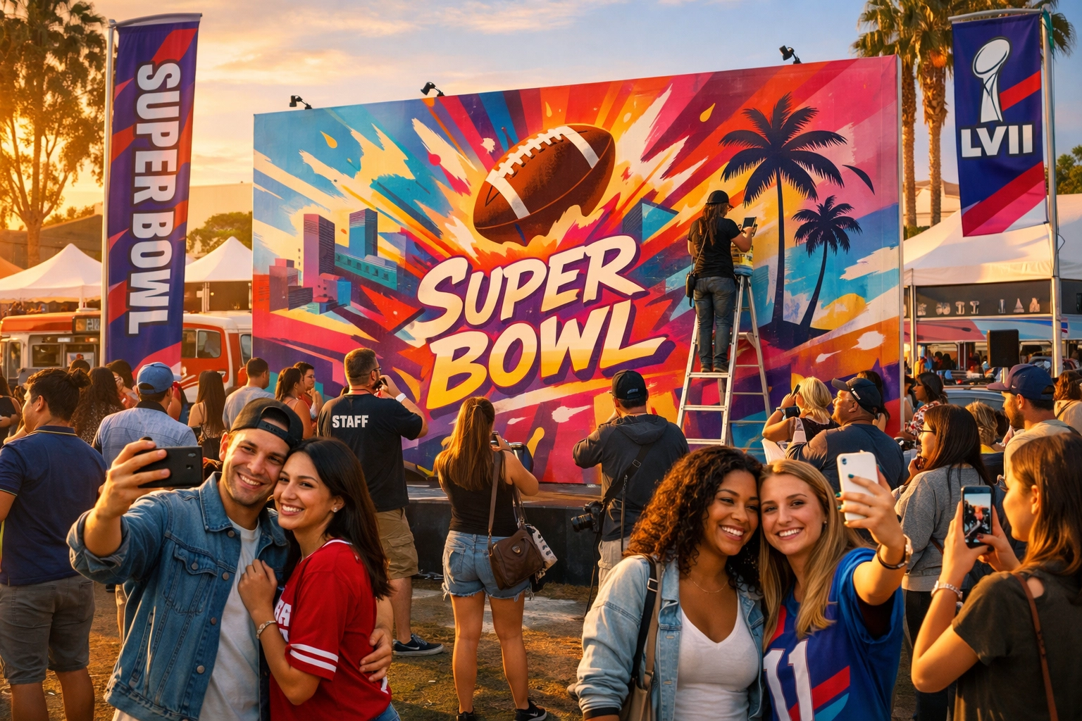25 Creative Super Bowl Brand Activation Ideas You've Never Thought Of (That Cost 50% Less Than Traditional Marketing) Super Bowl fan zone activation with live mural art and social media engagement