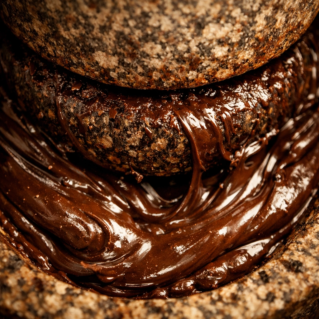 Dark chocolate paste being ground on traditional granite stones