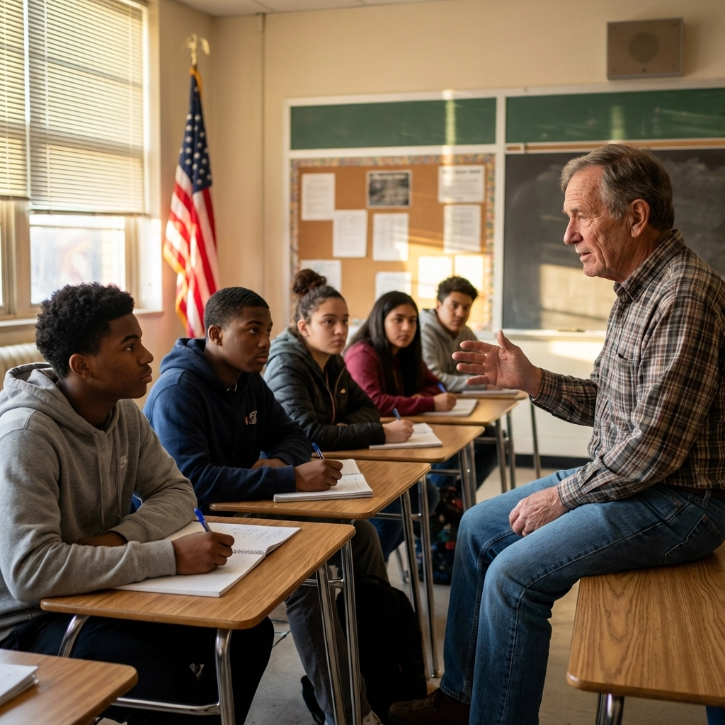 Civic Responsibility for Teens: How the Pledge Opens the Conversation (And Where to Find Youth Workshops) Veteran shares civic lessons with attentive students in a classroom, promoting intergenerational learning.
