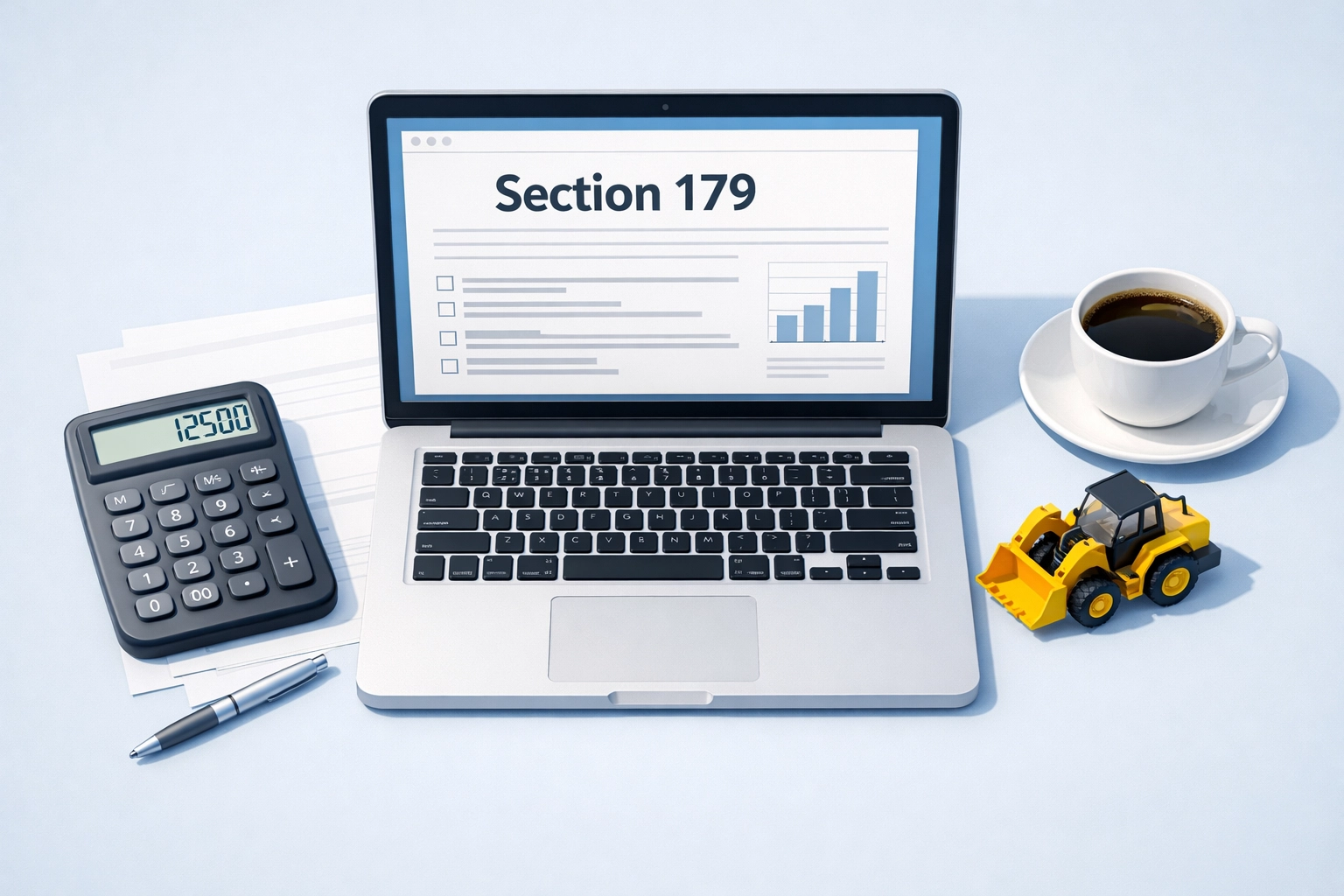 Business owner planning Section 179 tax deduction with calculator and equipment financing documents