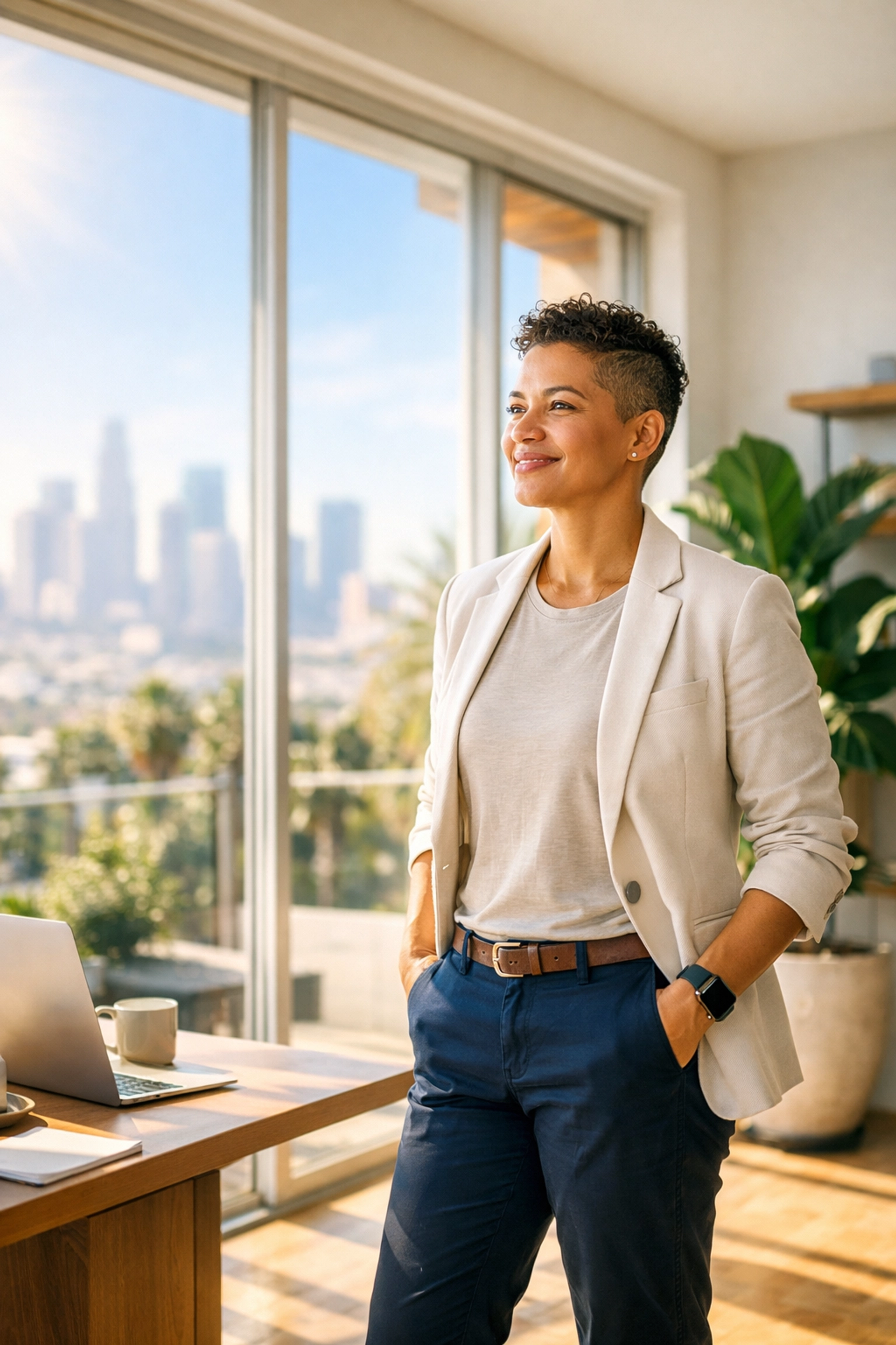 A healthy California professional in a modern office reflecting on successful medical weight management.