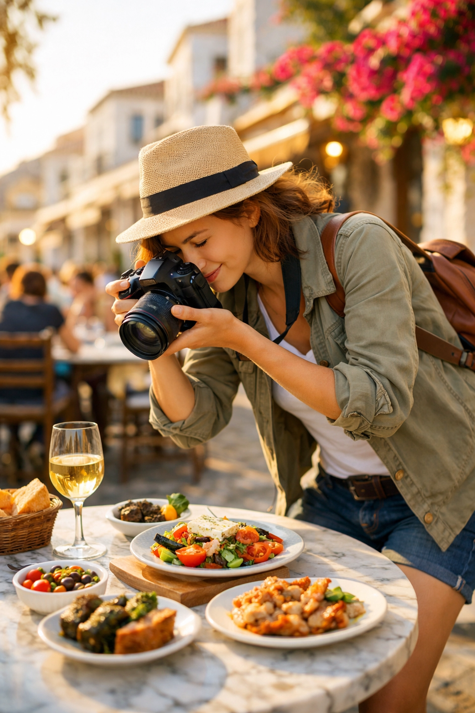 Traveling photographer capturing professional food shots at a sunny coastal café during a weekend getaway.