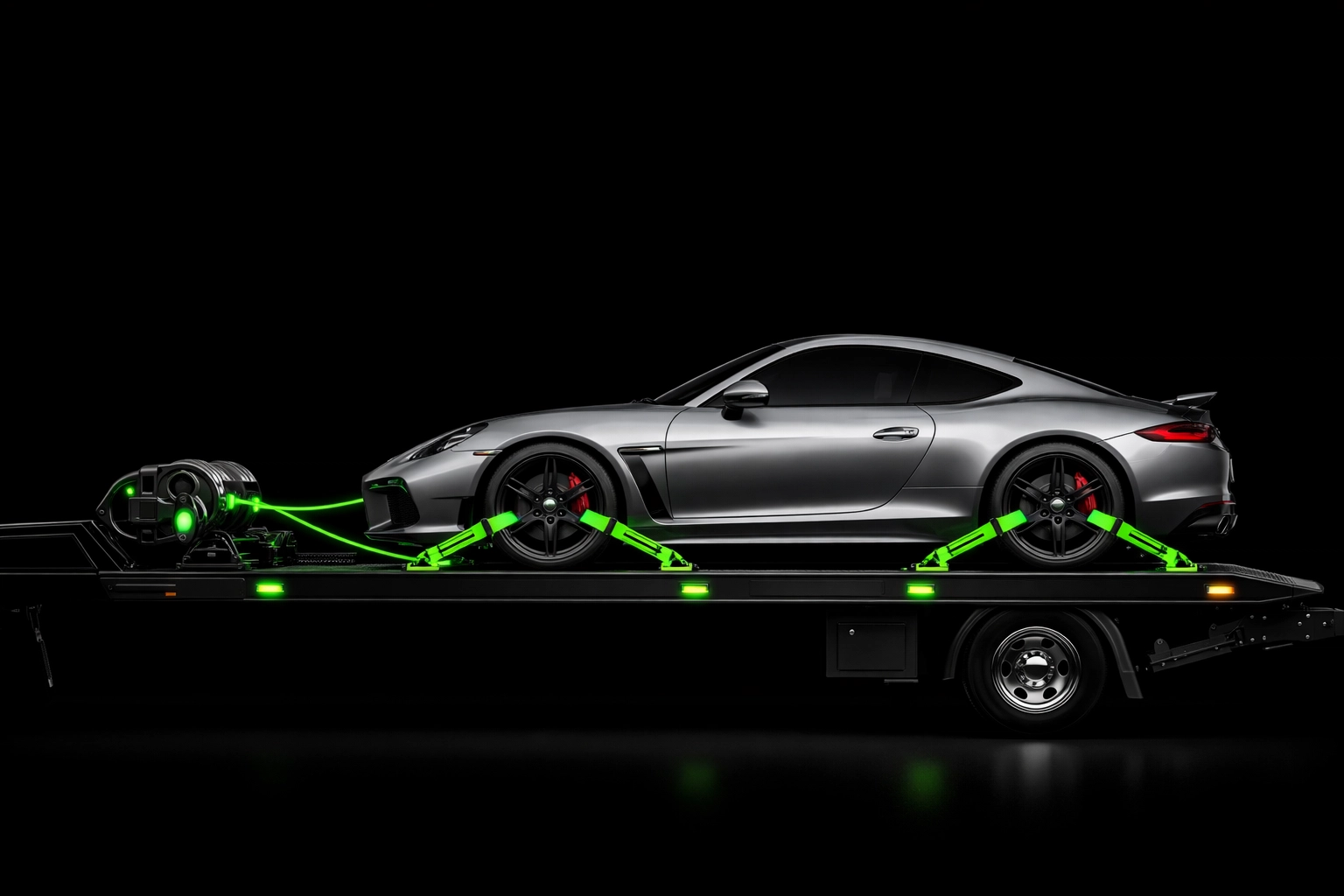 Flatbed tow truck loading a luxury sports car with neon green safety highlights.