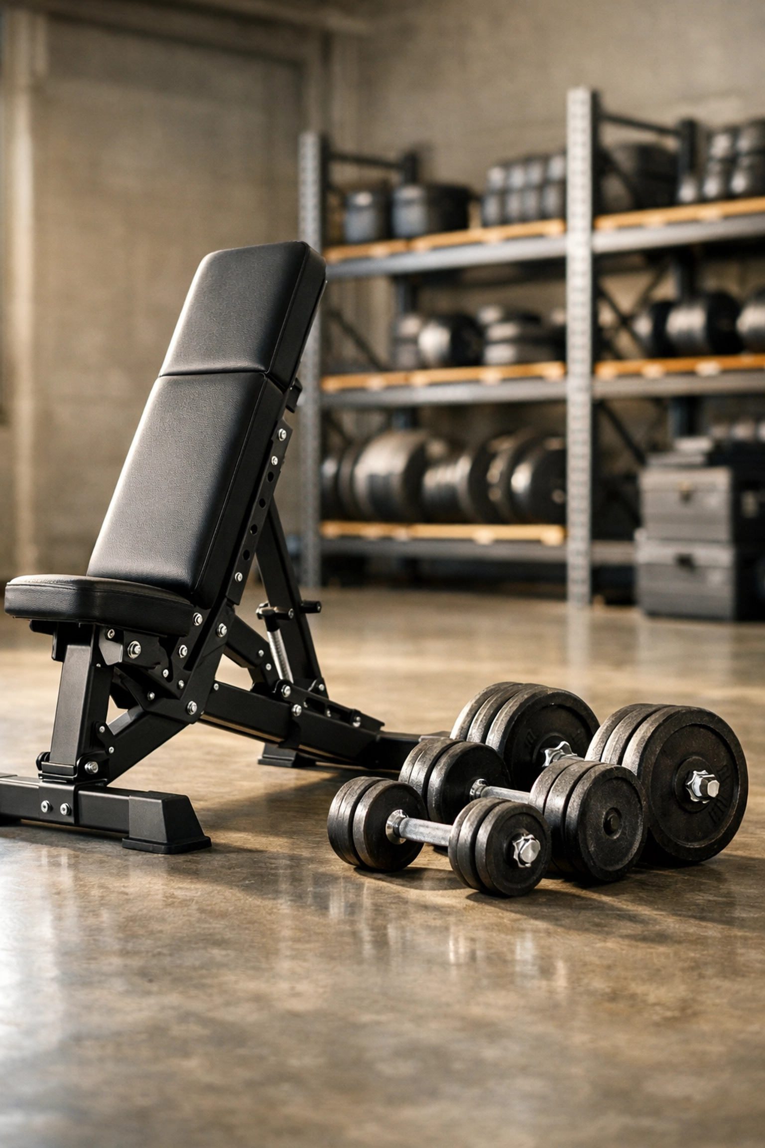 Heavy gym equipment in a modern warehouse illustrating a low SKU fulfillment strategy.