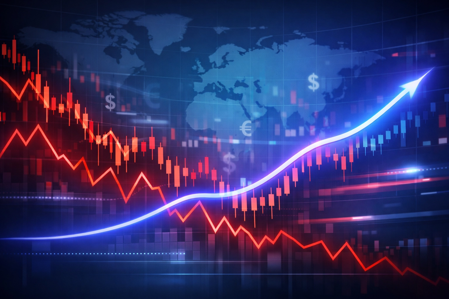 A high-stakes market chaos visual—volatile stock lines and global uncertainty—stabilized by a smooth, rising organic traffic path symbolizing resilient SEO.