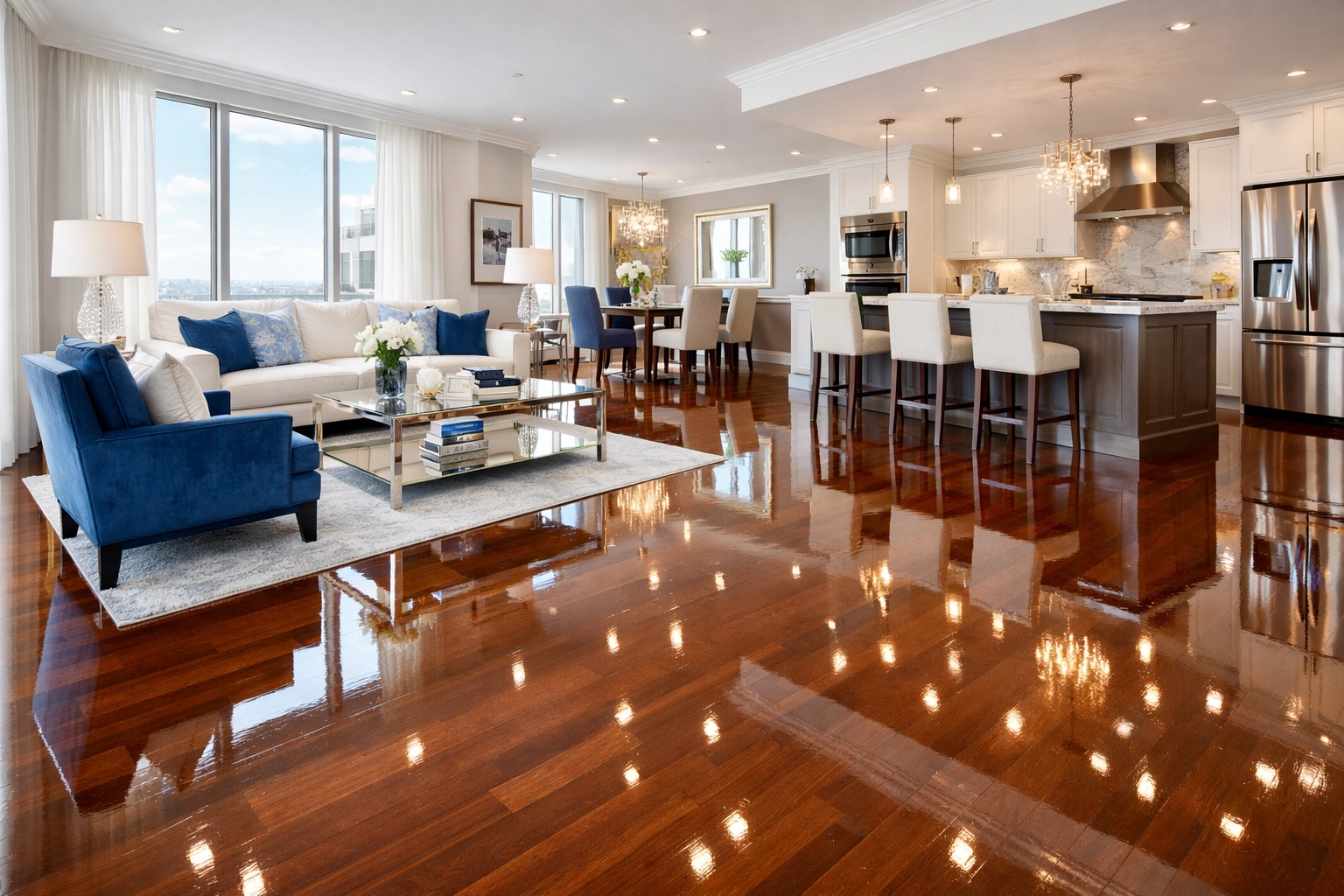 A spotless luxury apartment after a deep cleaning in Leominster MA, showcasing sparkling residential interiors.