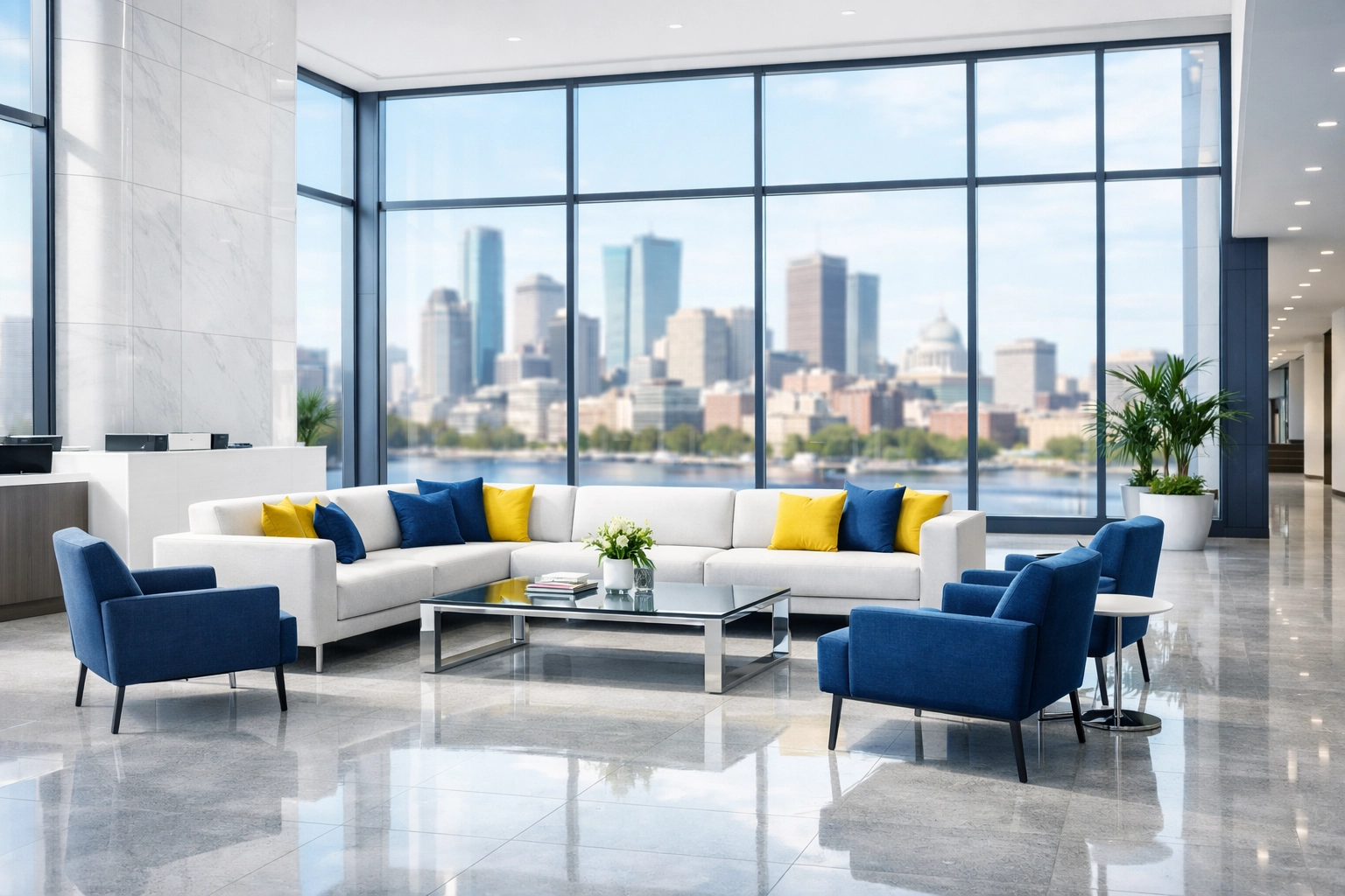 Clean modern office lobby in Boston managed by professional janitorial services Massachusetts.