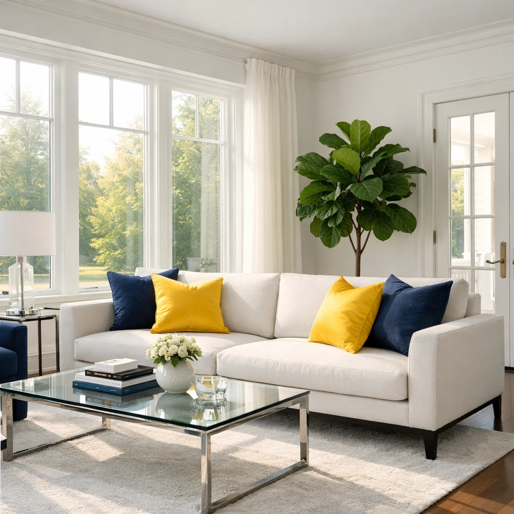 A sun-drenched, allergen-free living room maintained by bi-weekly house cleaning Lincoln professionals.