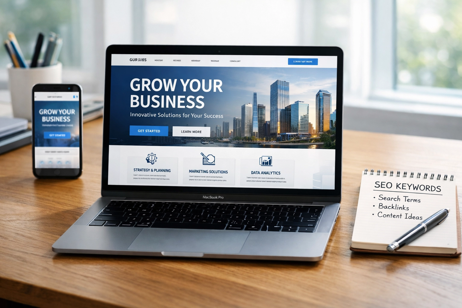Responsive web design shown on laptop and mobile demonstrating SEO-optimized business website