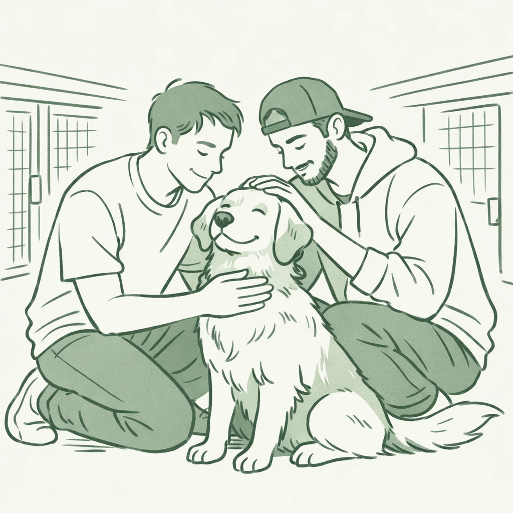 LGBTQ+ couple adopting rescue dog at animal shelter - gay animal activists