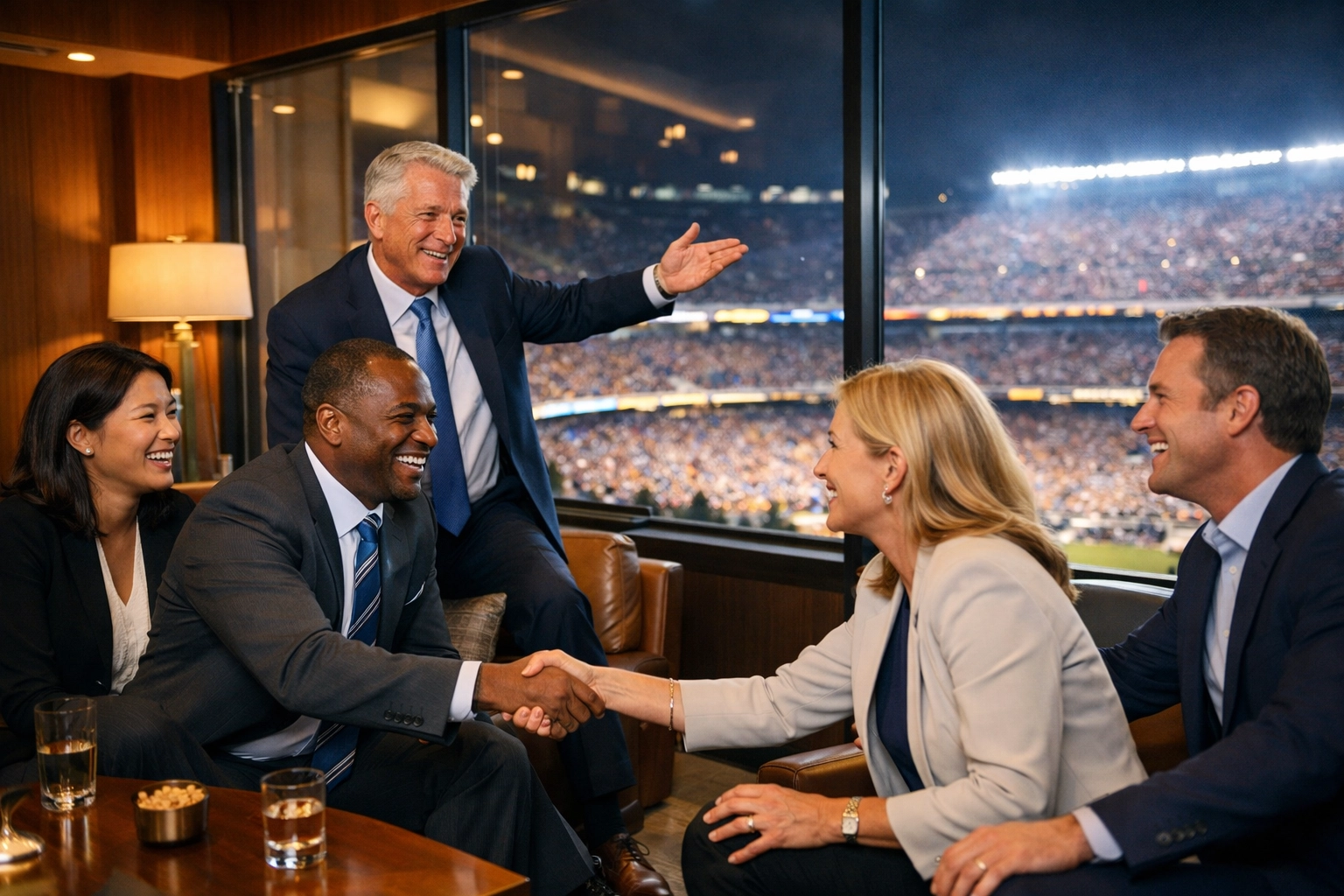 Corporate executives networking in a luxury stadium lounge to drive business growth and ROI.