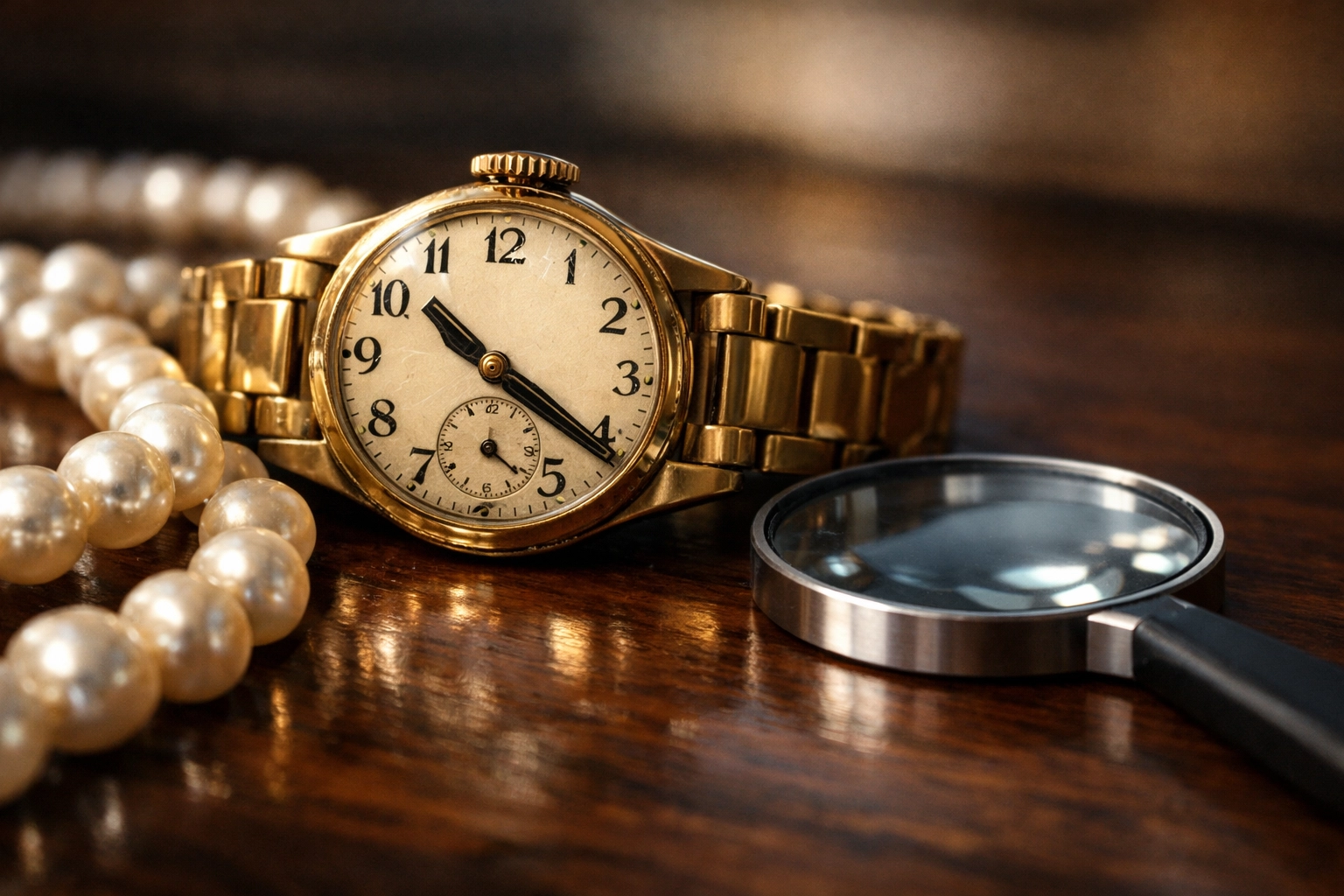Gold watch and pearls under a magnifying glass for estate and retirement planning Wesley Chapel FL.