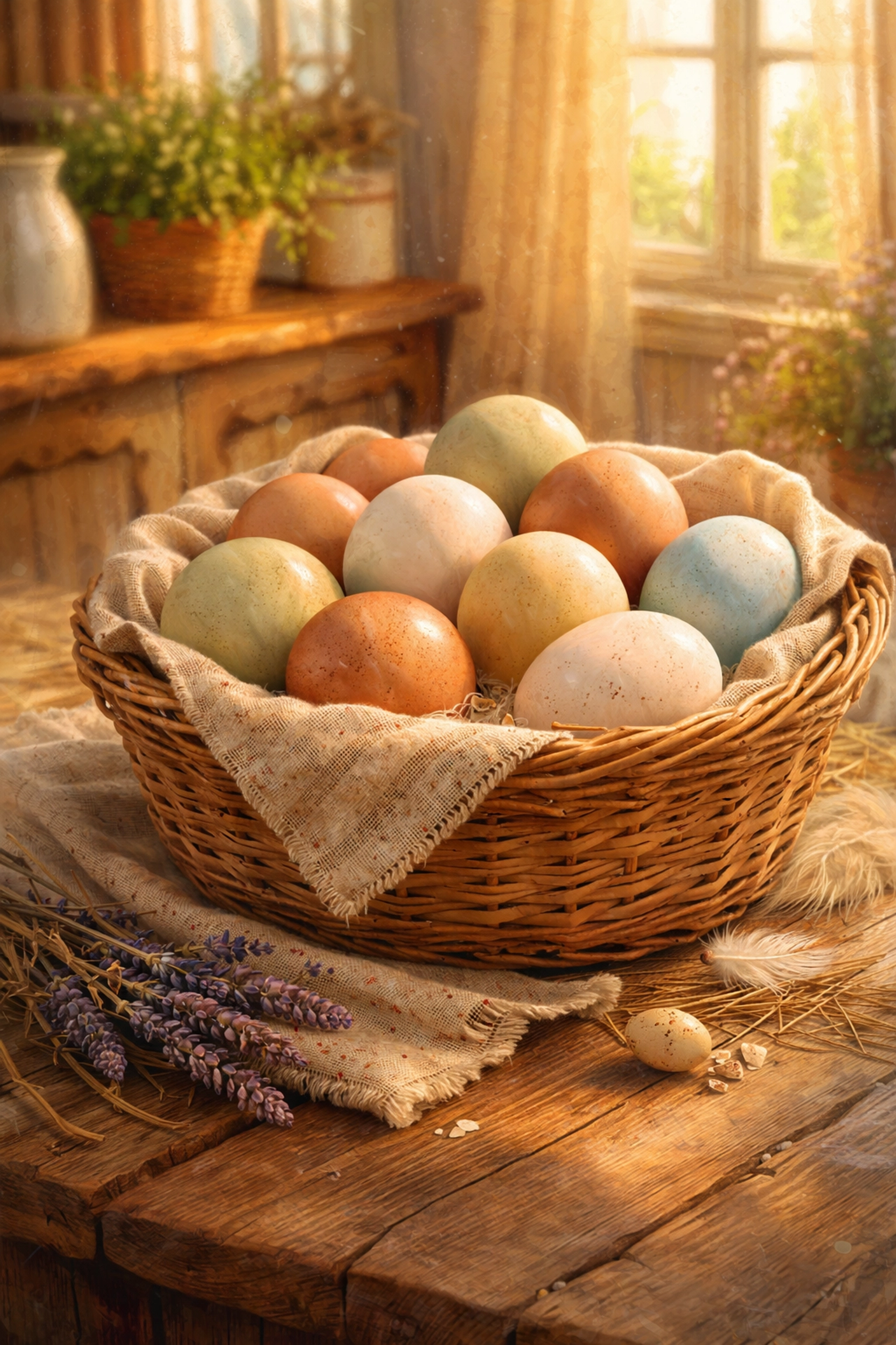 A woven basket filled with farm fresh green eggs and other natural colors on a rustic farmhouse table.