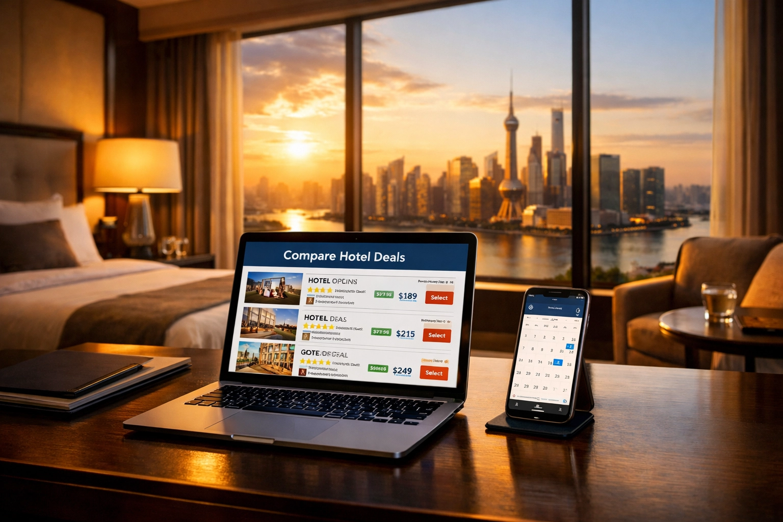 Executive booking Super Bowl hotel on laptop in luxury room with city skyline view