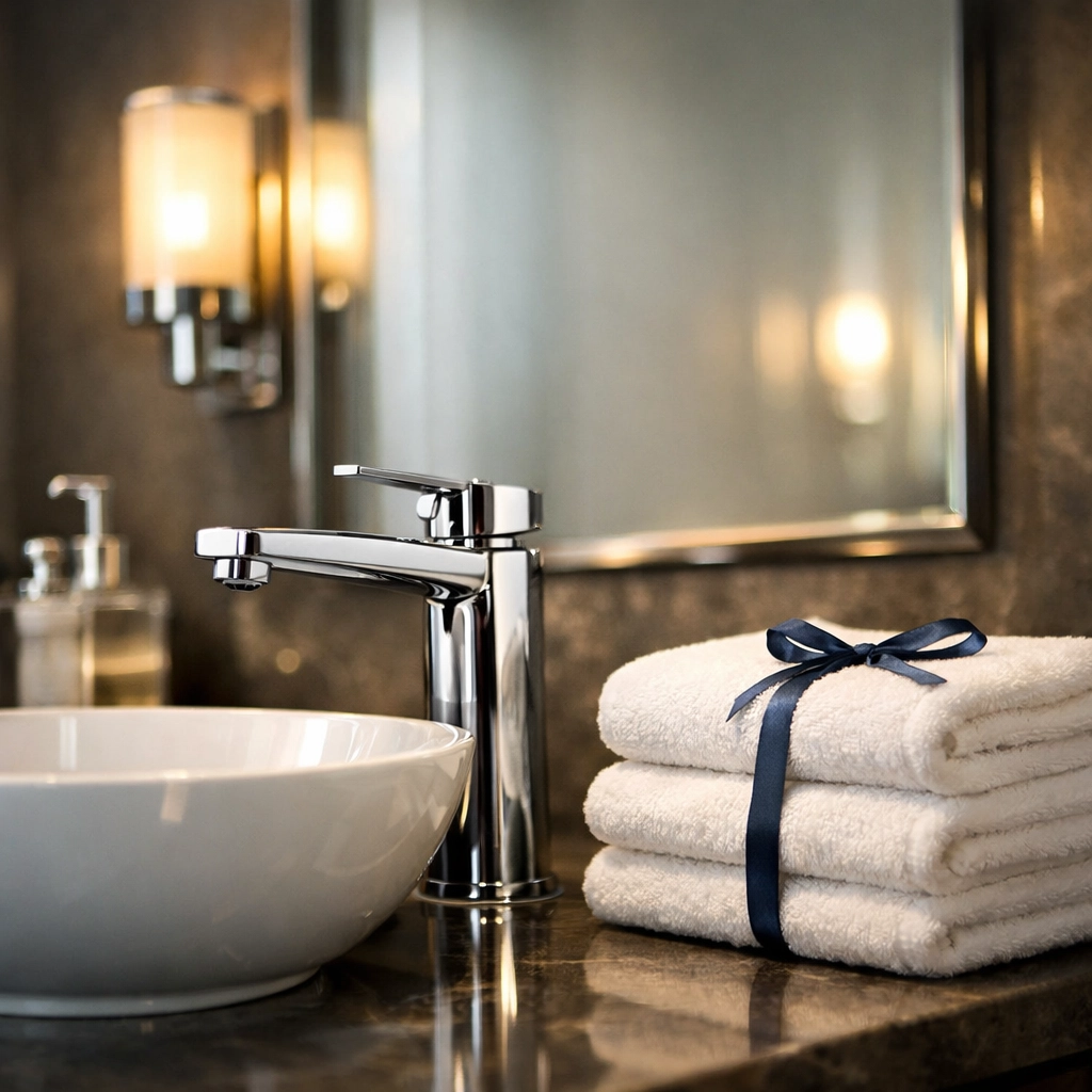 Spotless luxury bathroom vanity in Dover highlighting detail-oriented residential cleaning Massachusetts standards.