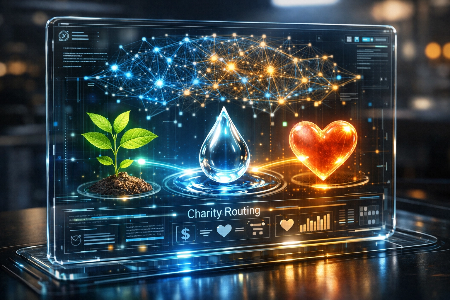 Larecoin AI interface routing Web3 payments to social causes like tree planting and clean water initiatives.