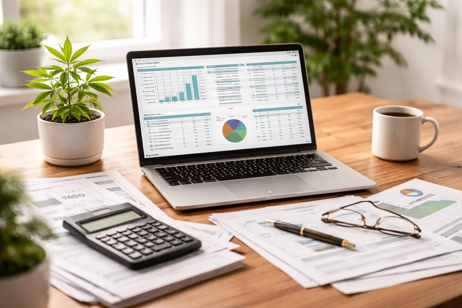 Modern cannabis business workspace with financial spreadsheets and tax documents, illustrating accounting readiness for Schedule III changes.