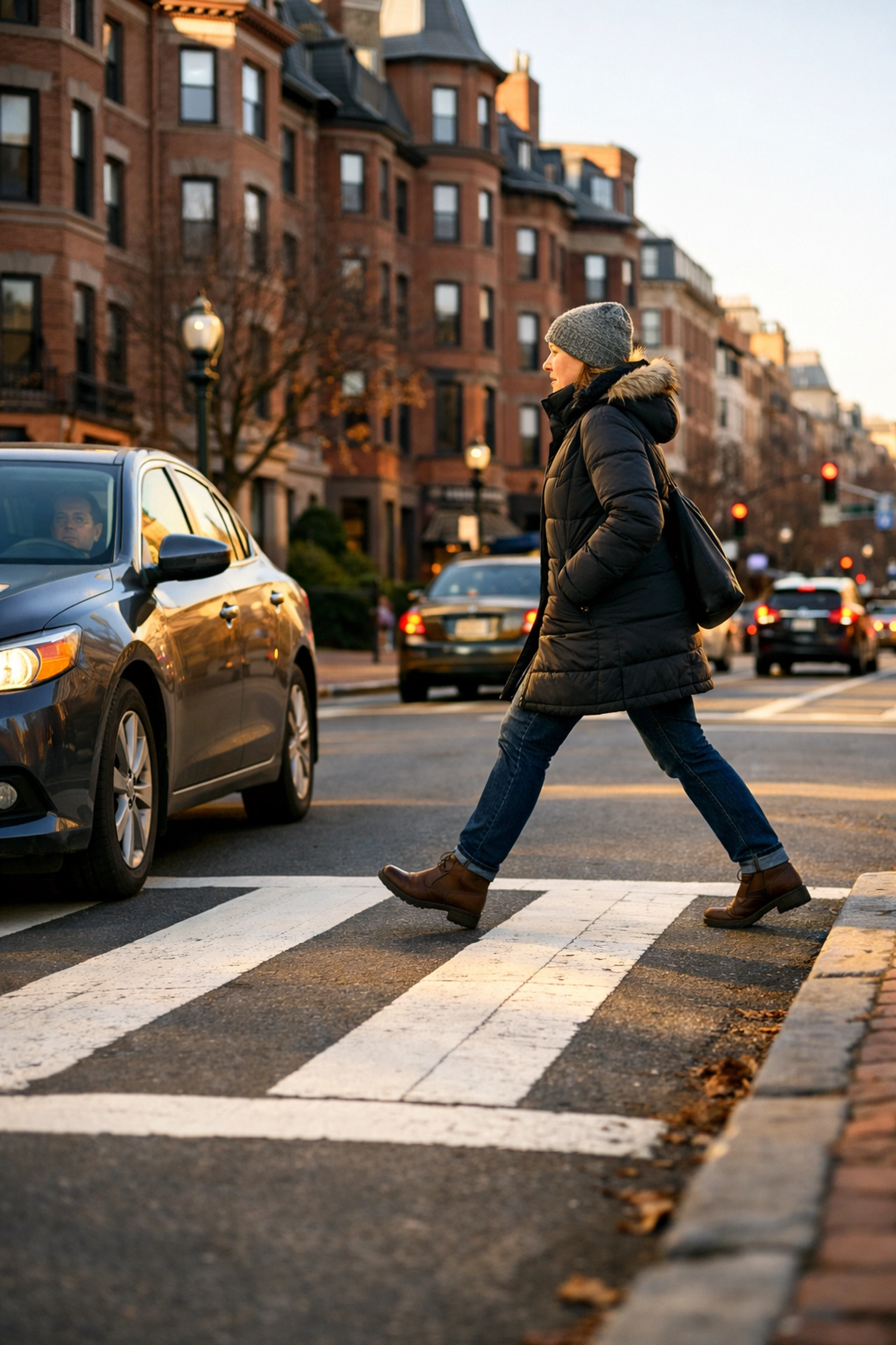 Pedestrian crossing a Boston street in a crosswalk according to Massachusetts pedestrian laws and right-of-way.