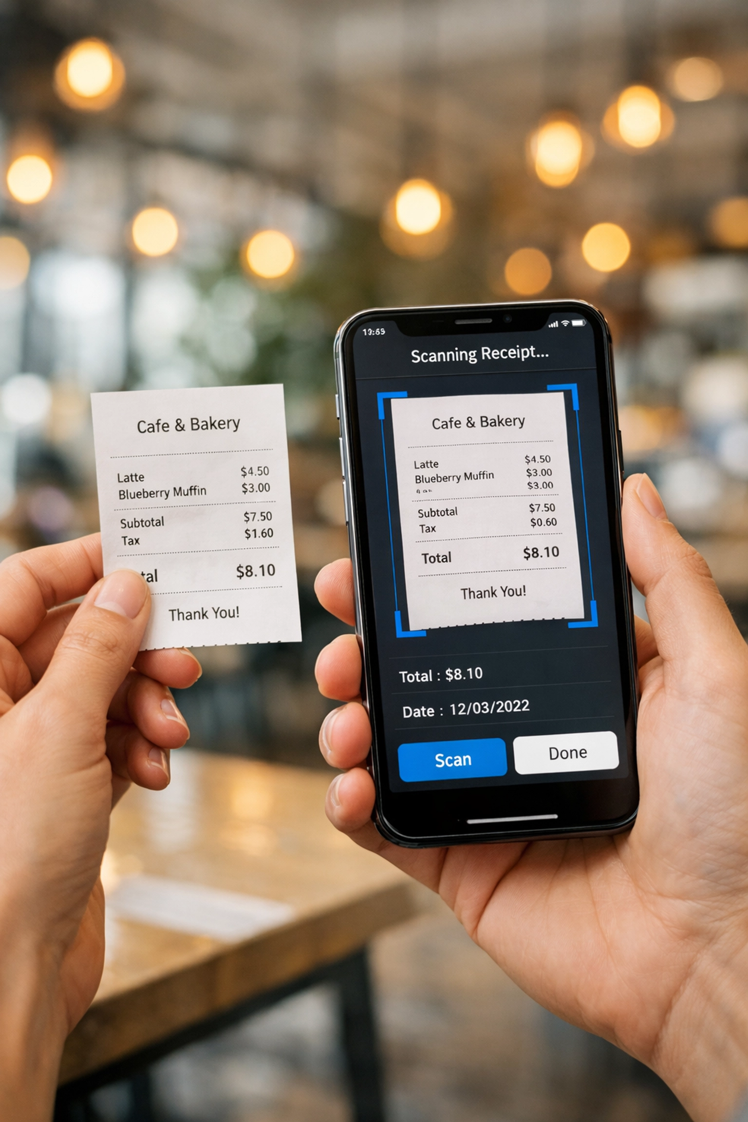 Small business owner using a mobile bookkeeping app to scan receipts and manage expenses from a cafe.