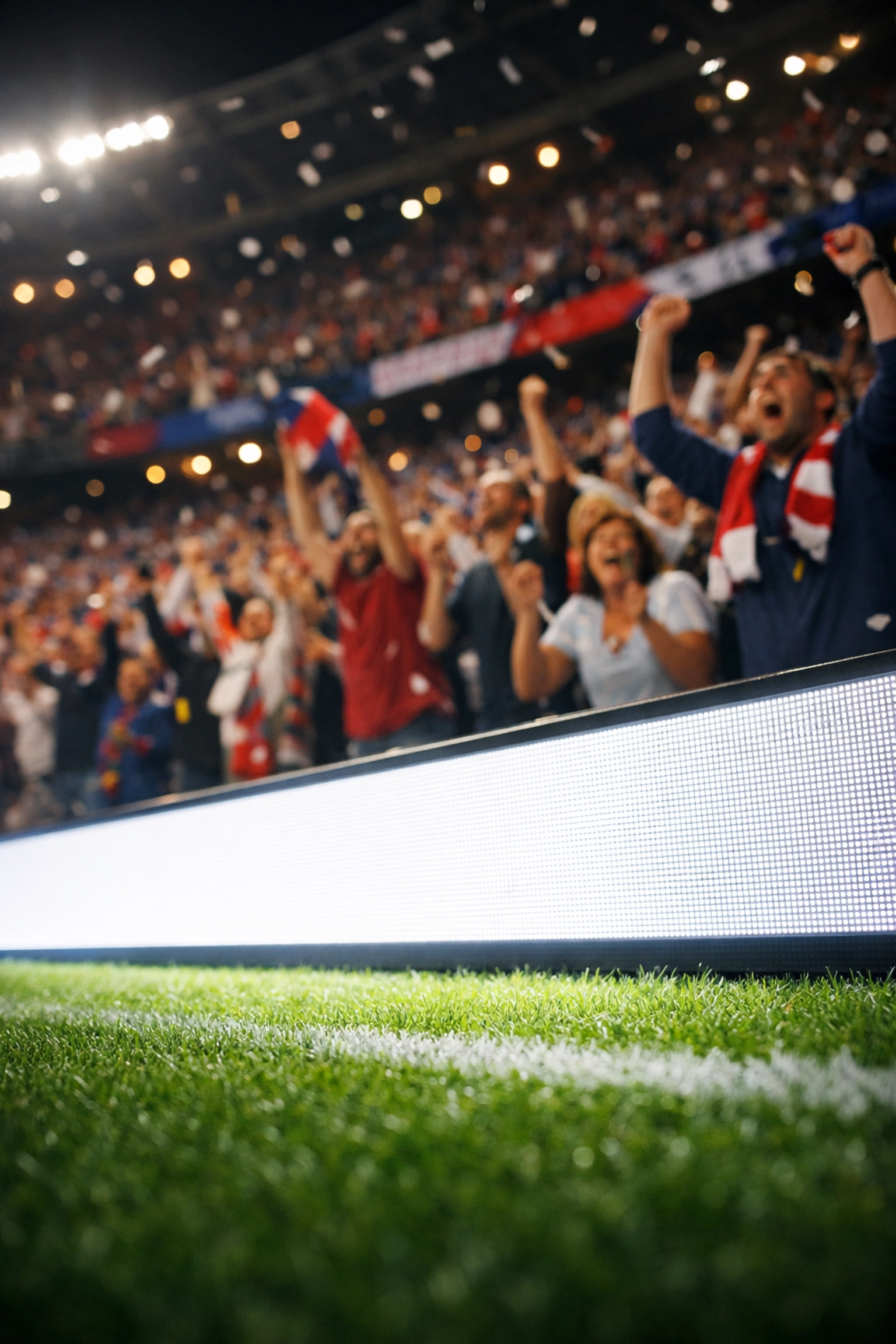 Stadium perimeter advertising board highlighting brand presence during emotional moments of fan celebration.