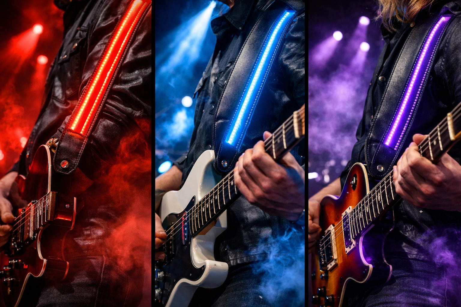 Three LED guitar straps in red, blue, and purple glowing on stage under concert lighting