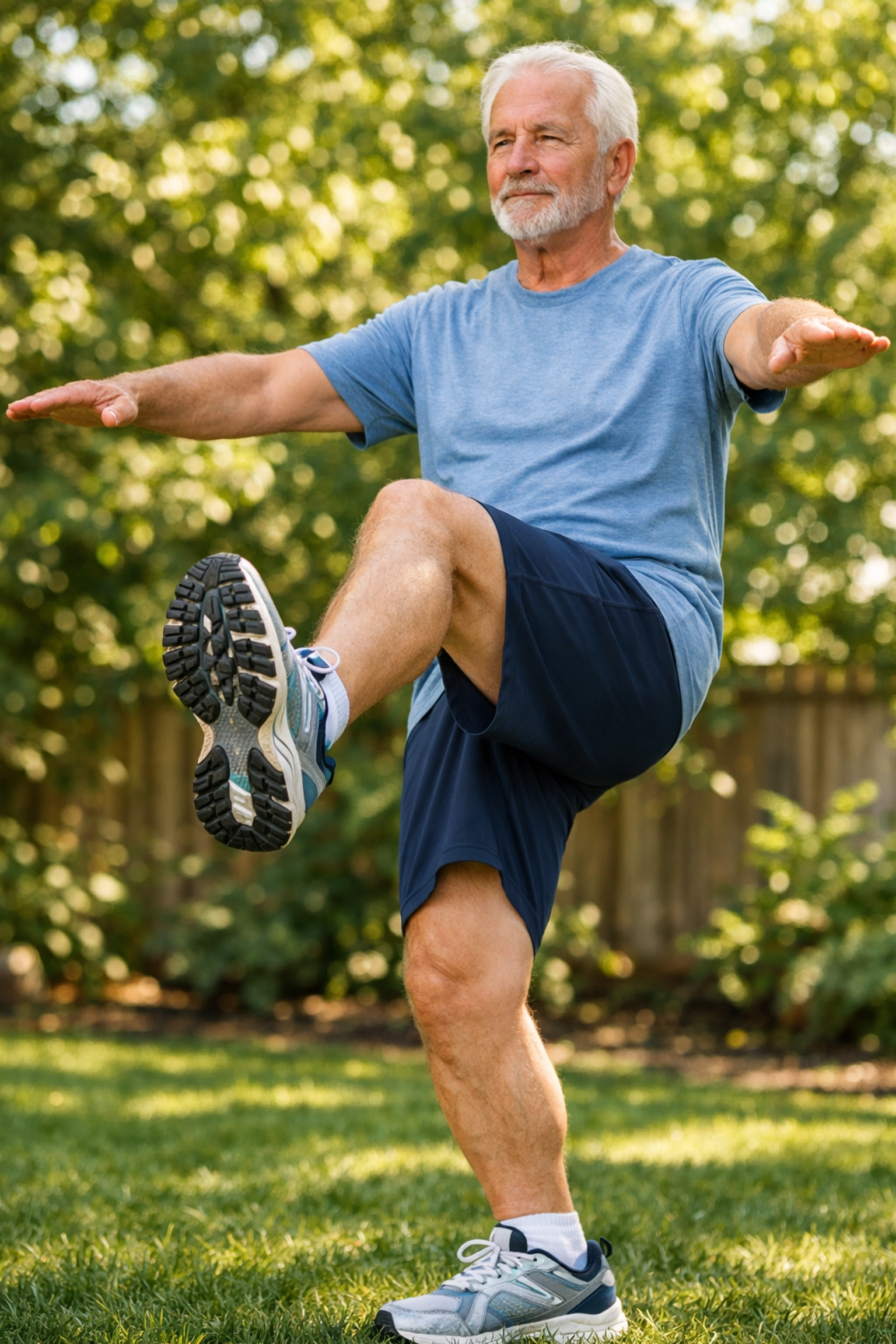 Active senior man practicing balance exercises in a garden while wearing supportive non-slip shoes.