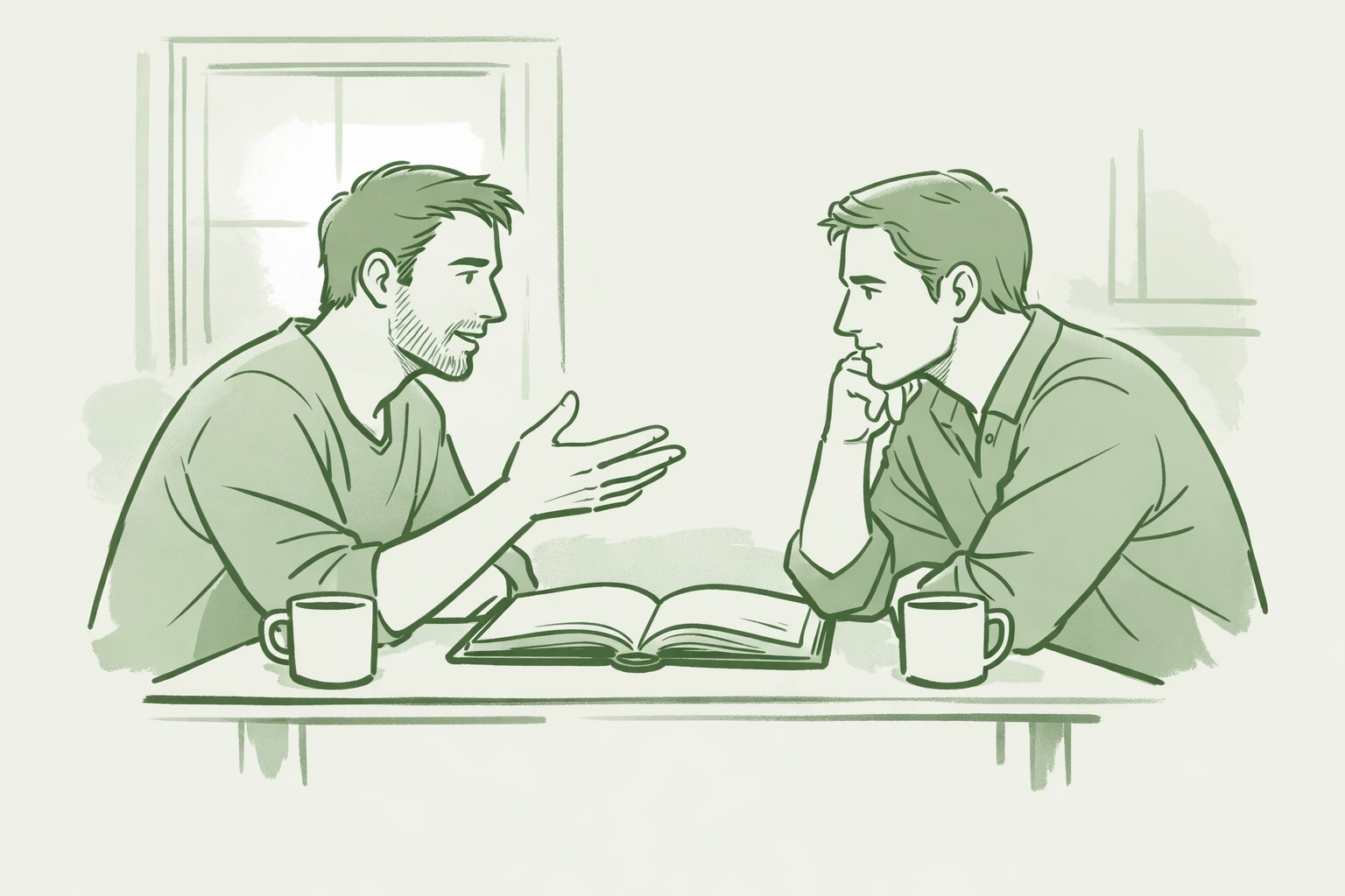 Two men in deep conversation exploring emotional authenticity and vulnerability together