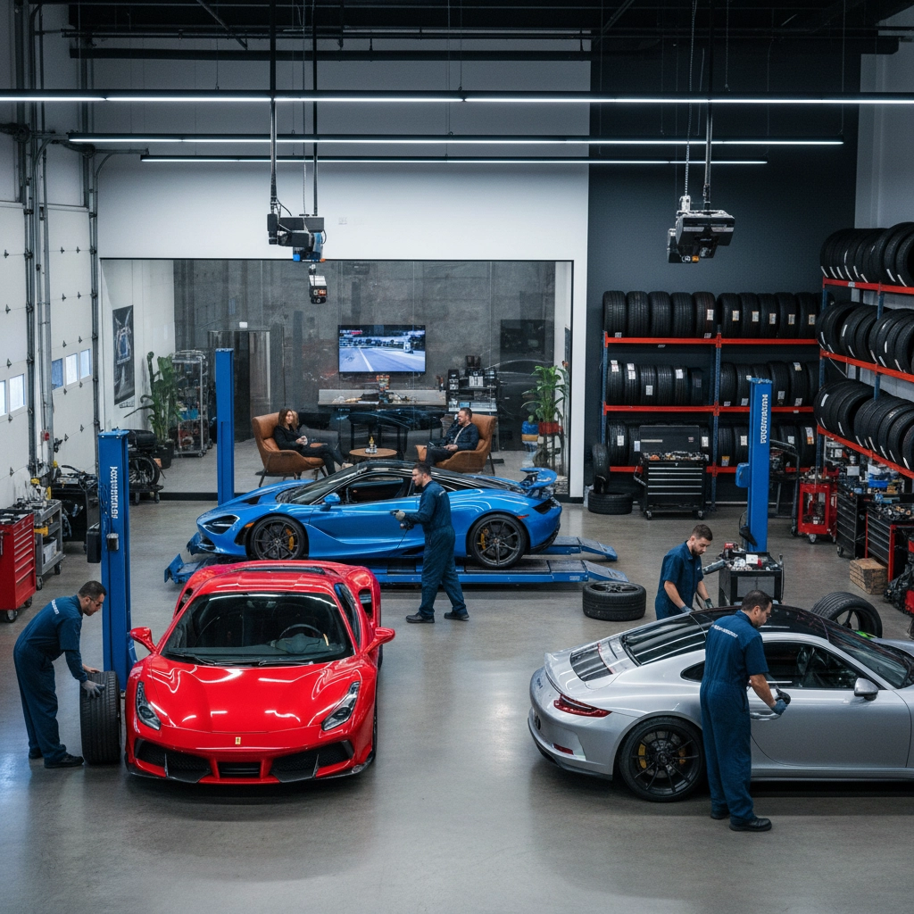Modern auto repair shop with high-end vehicles